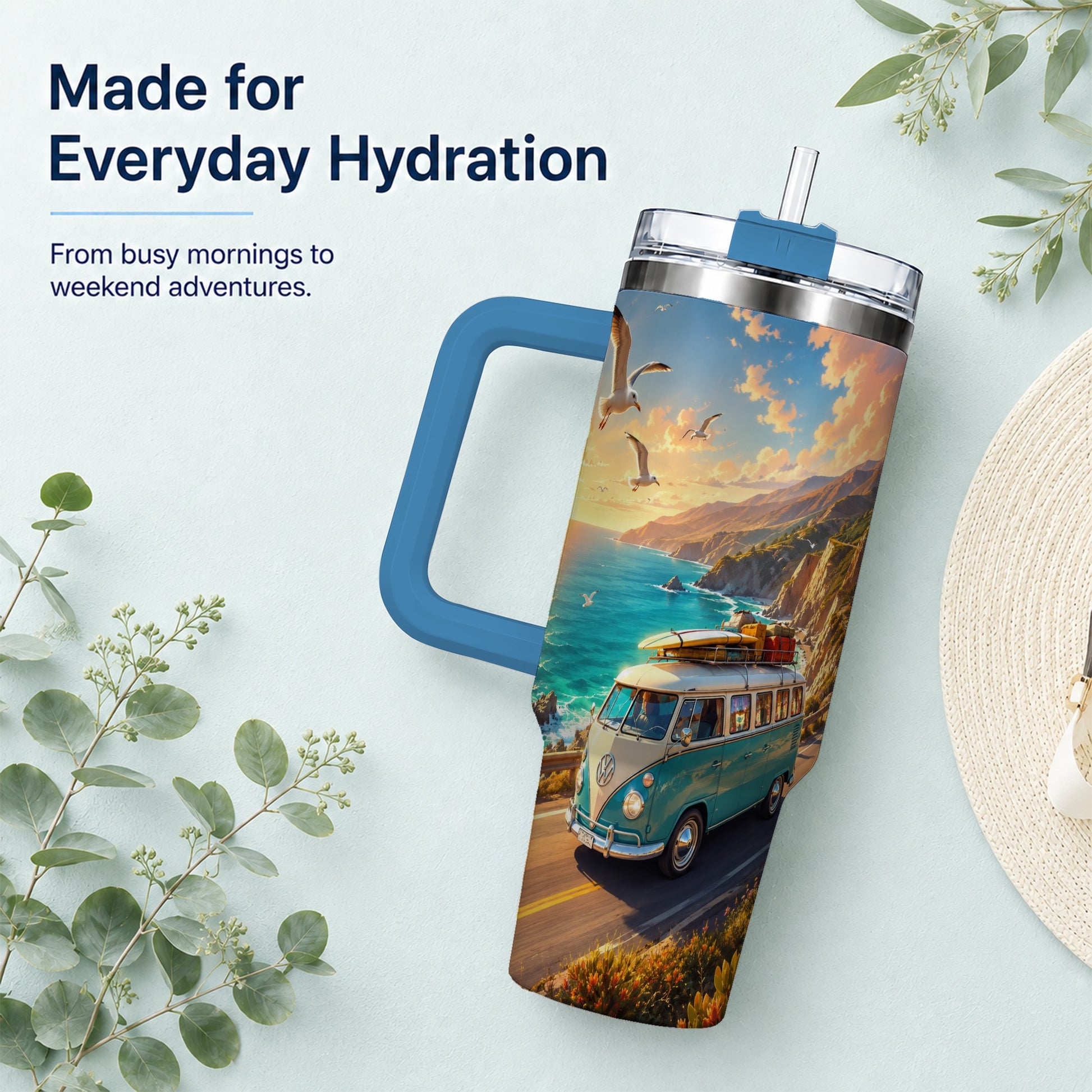 #pl[40oz|Blue] Retro Camper Van 40oz Tumbler with Handle, Coastal Road Adventure