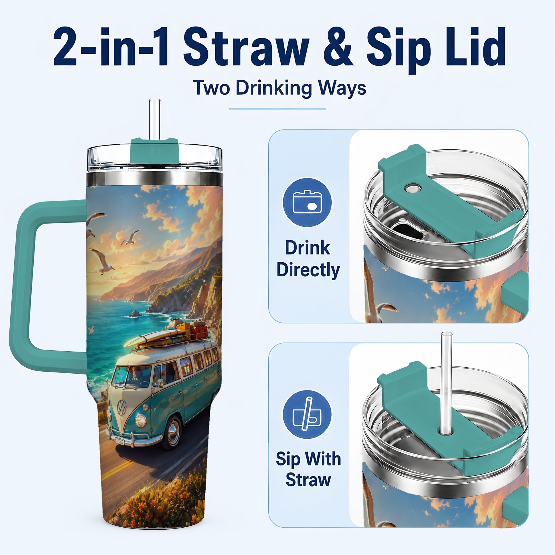 #pl[40oz|Green] Retro Camper Van 40oz Tumbler with Handle, Coastal Road Adventure