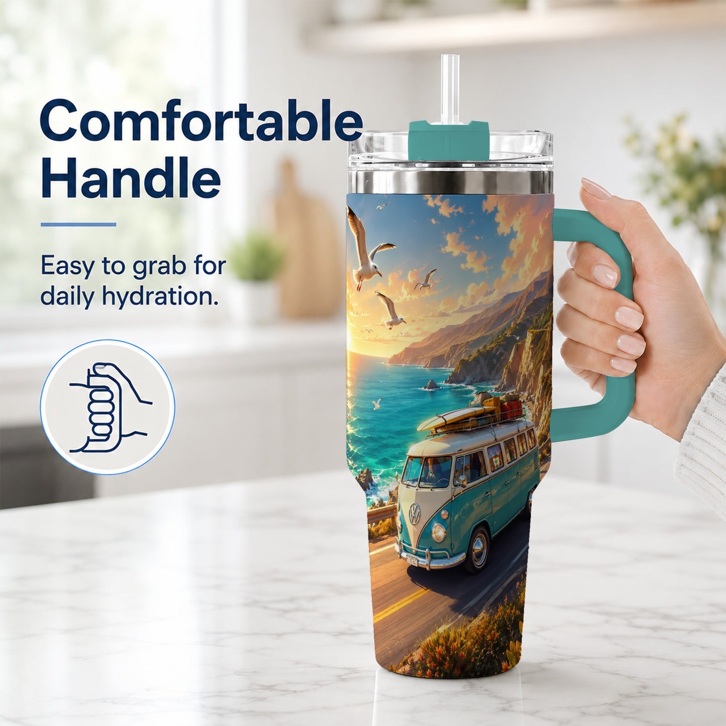 #pl[40oz|Green] Retro Camper Van 40oz Tumbler with Handle, Coastal Road Adventure