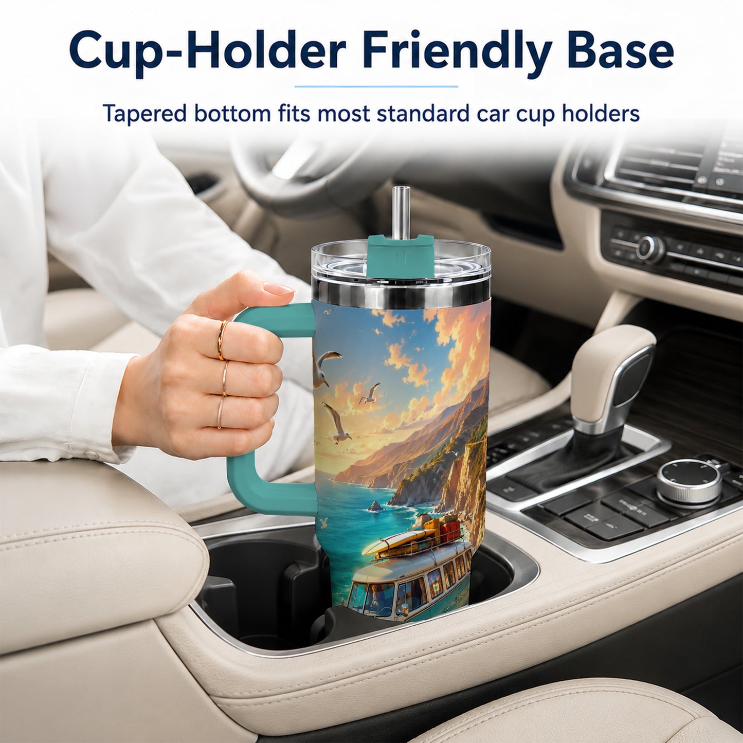 #pl[40oz|Green] Retro Camper Van 40oz Tumbler with Handle, Coastal Road Adventure