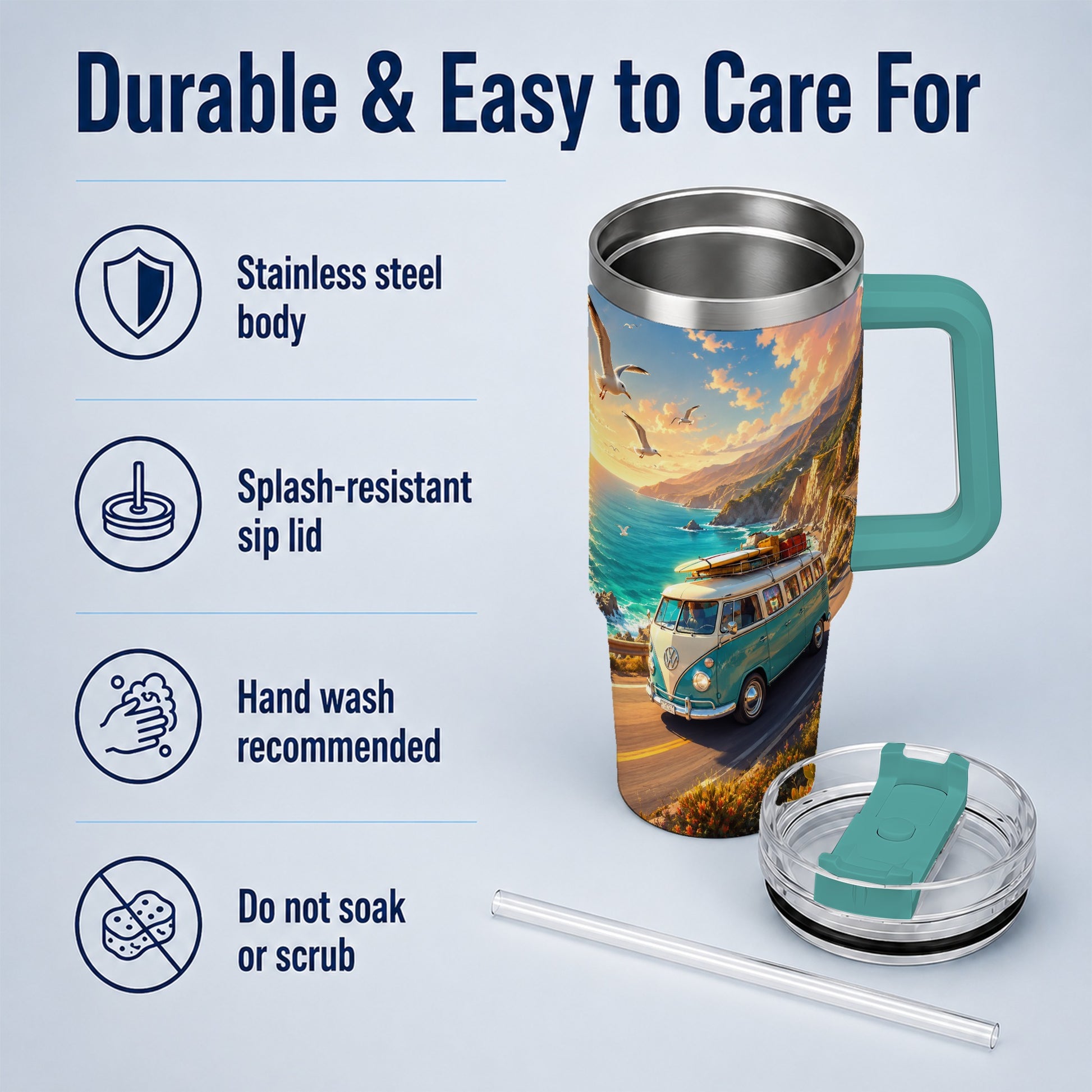 #pl[40oz|Green] Retro Camper Van 40oz Tumbler with Handle, Coastal Road Adventure