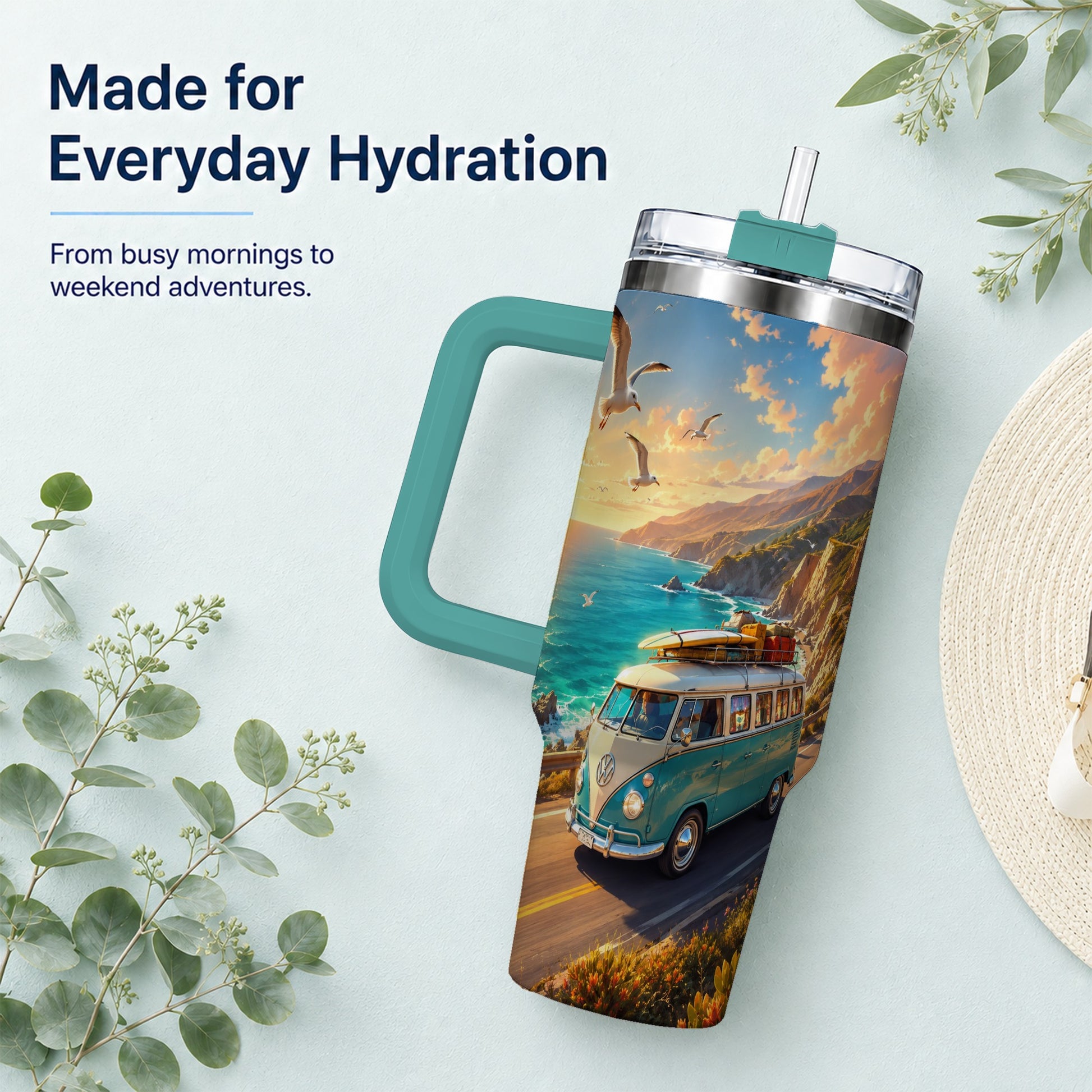 #pl[40oz|Green] Retro Camper Van 40oz Tumbler with Handle, Coastal Road Adventure