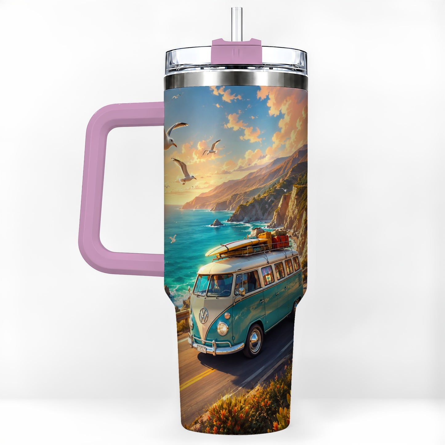 #pl[40oz|Pink] Retro Camper Van 40oz Tumbler with Handle, Coastal Road Adventure