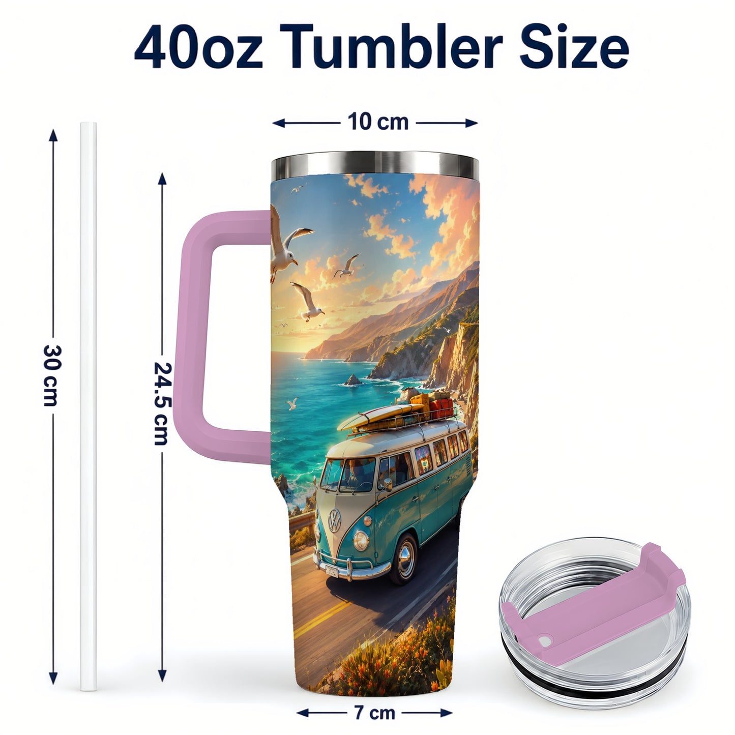 #pl[40oz|Pink] Retro Camper Van 40oz Tumbler with Handle, Coastal Road Adventure
