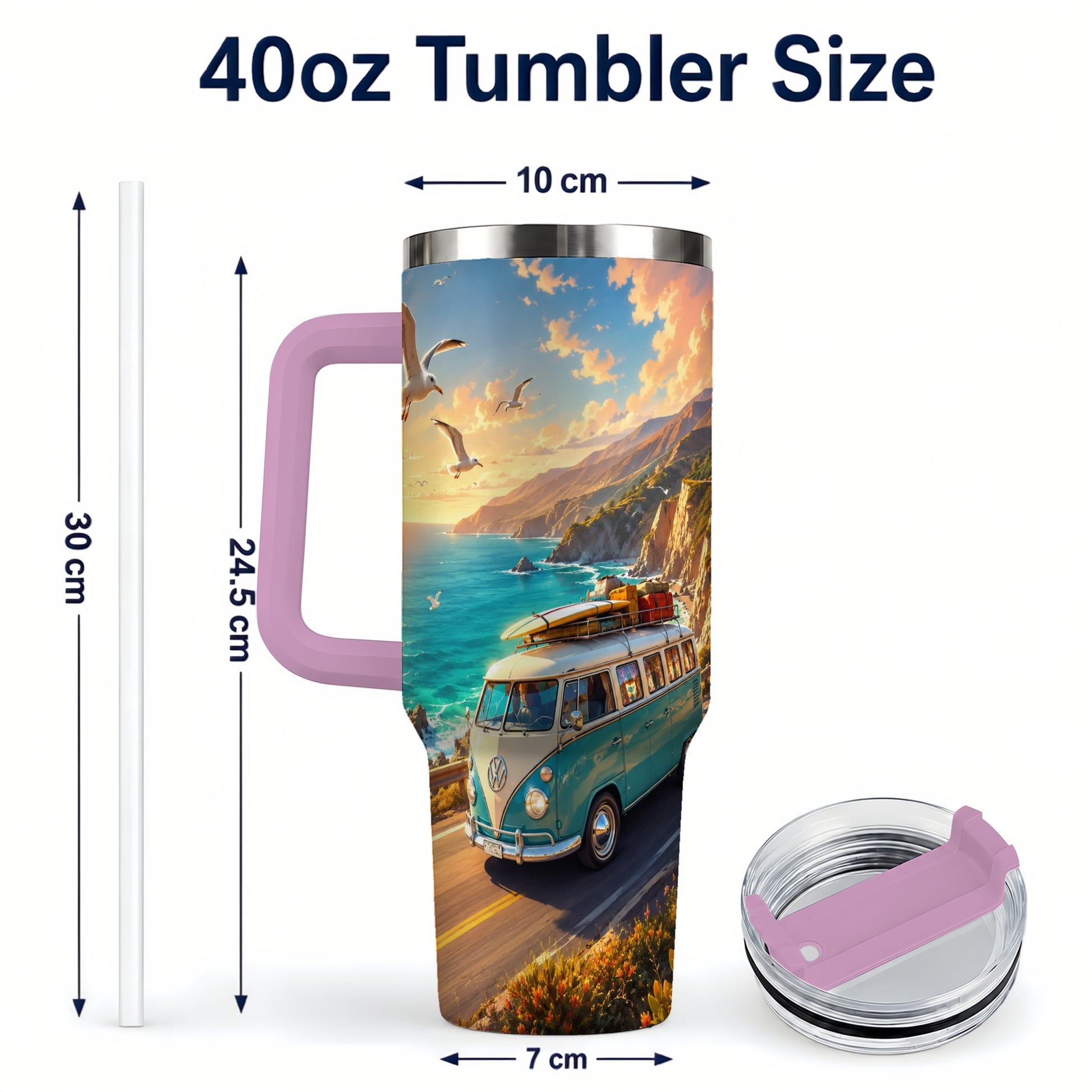 #pl[40oz|Pink] Retro Camper Van 40oz Tumbler with Handle, Coastal Road Adventure