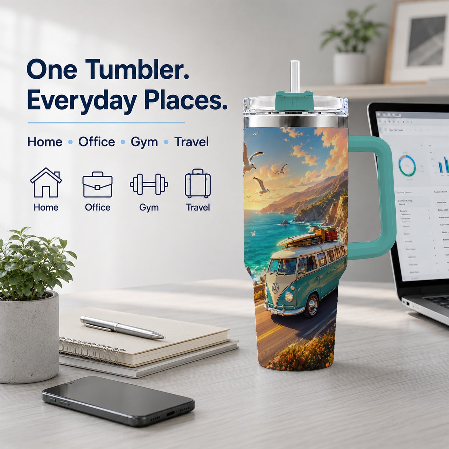 #pl[40oz|Green] Retro Camper Van 40oz Tumbler with Handle, Coastal Road Adventure