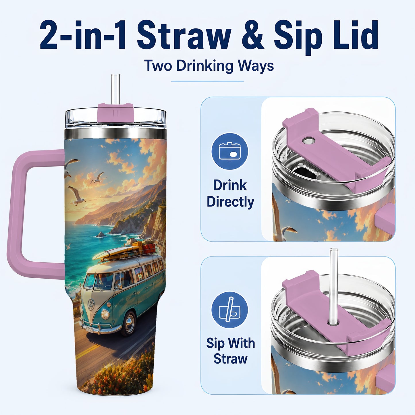 #pl[40oz|Pink] Retro Camper Van 40oz Tumbler with Handle, Coastal Road Adventure