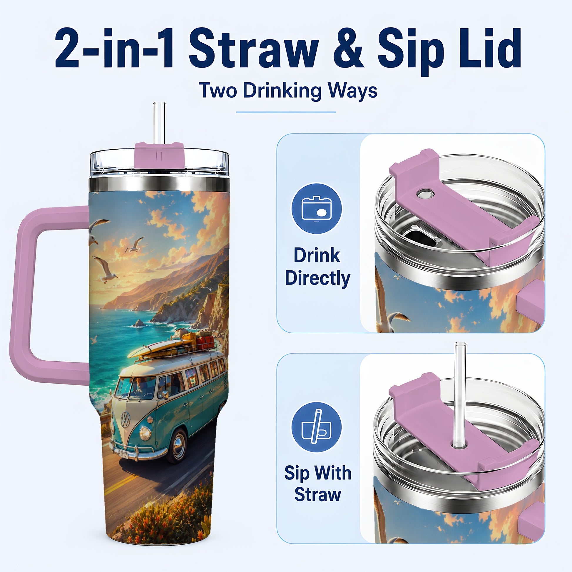 #pl[40oz|Pink] Retro Camper Van 40oz Tumbler with Handle, Coastal Road Adventure