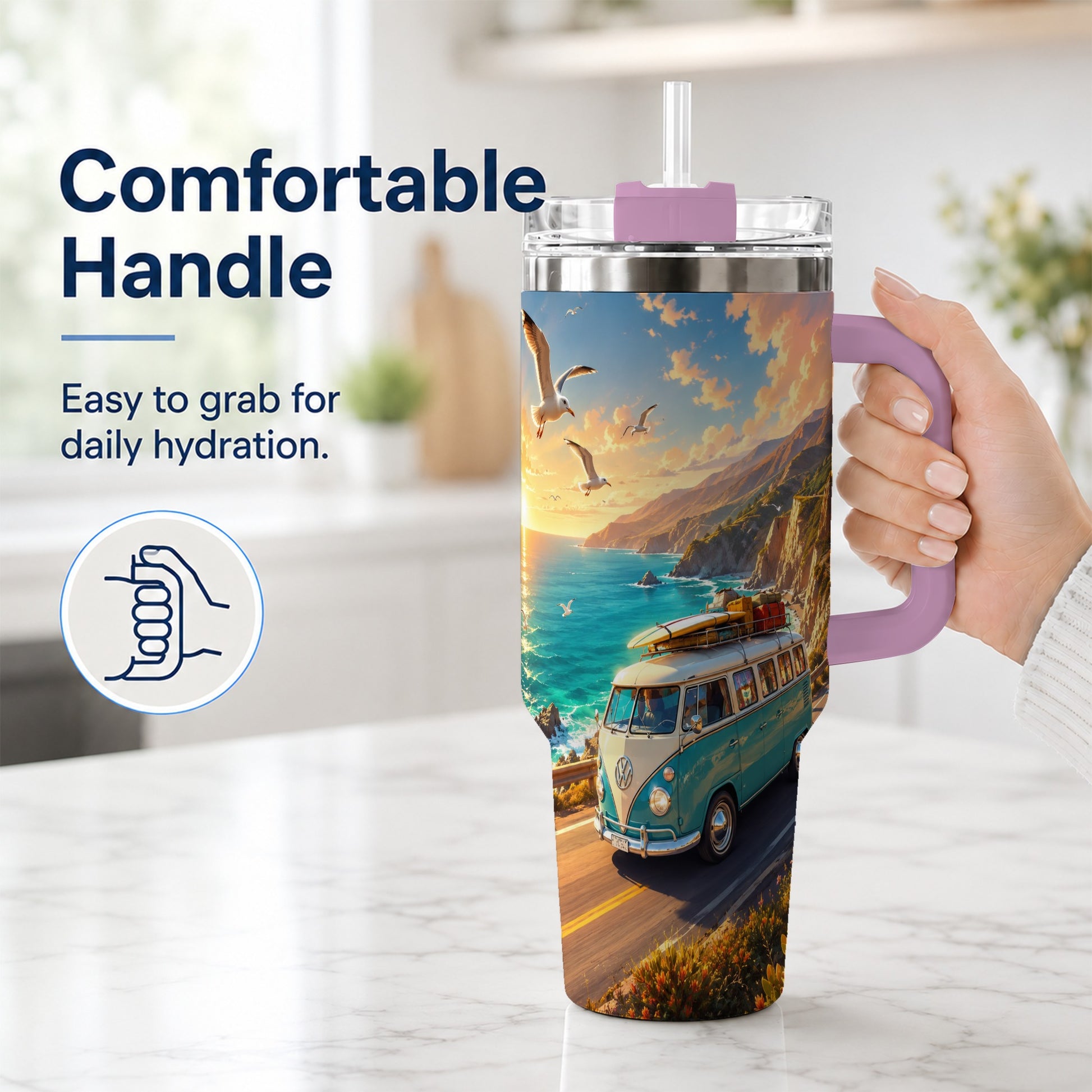 #pl[40oz|Pink] Retro Camper Van 40oz Tumbler with Handle, Coastal Road Adventure