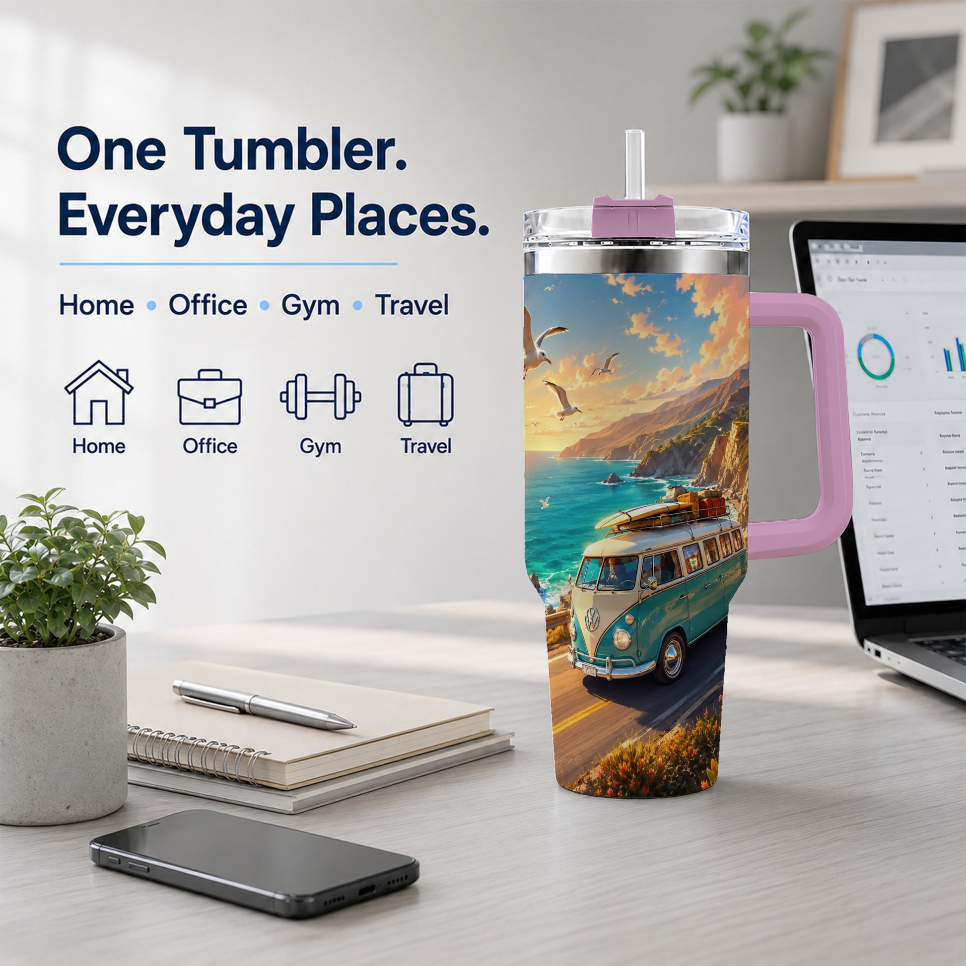 #pl[40oz|Pink] Retro Camper Van 40oz Tumbler with Handle, Coastal Road Adventure