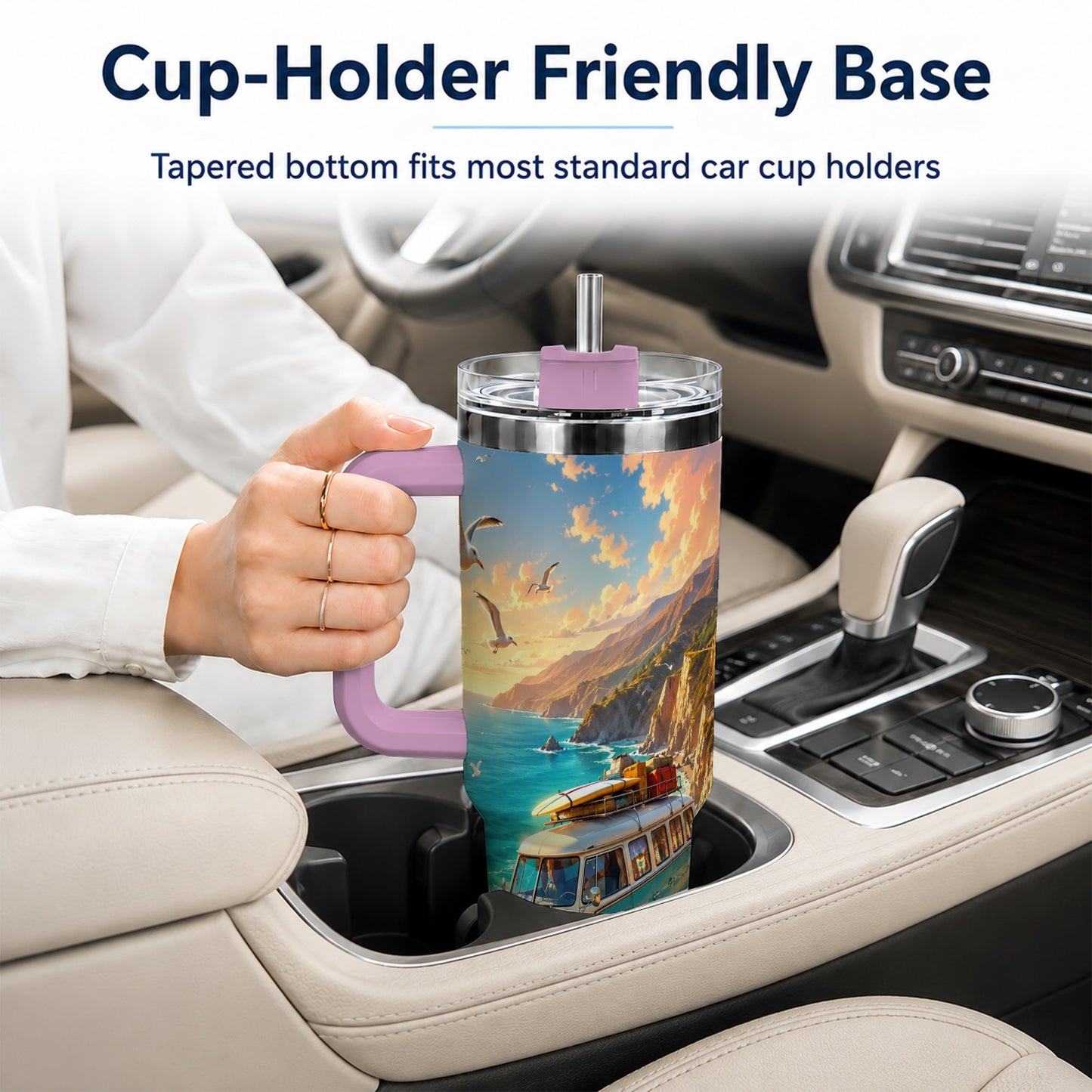#pl[40oz|Pink] Retro Camper Van 40oz Tumbler with Handle, Coastal Road Adventure