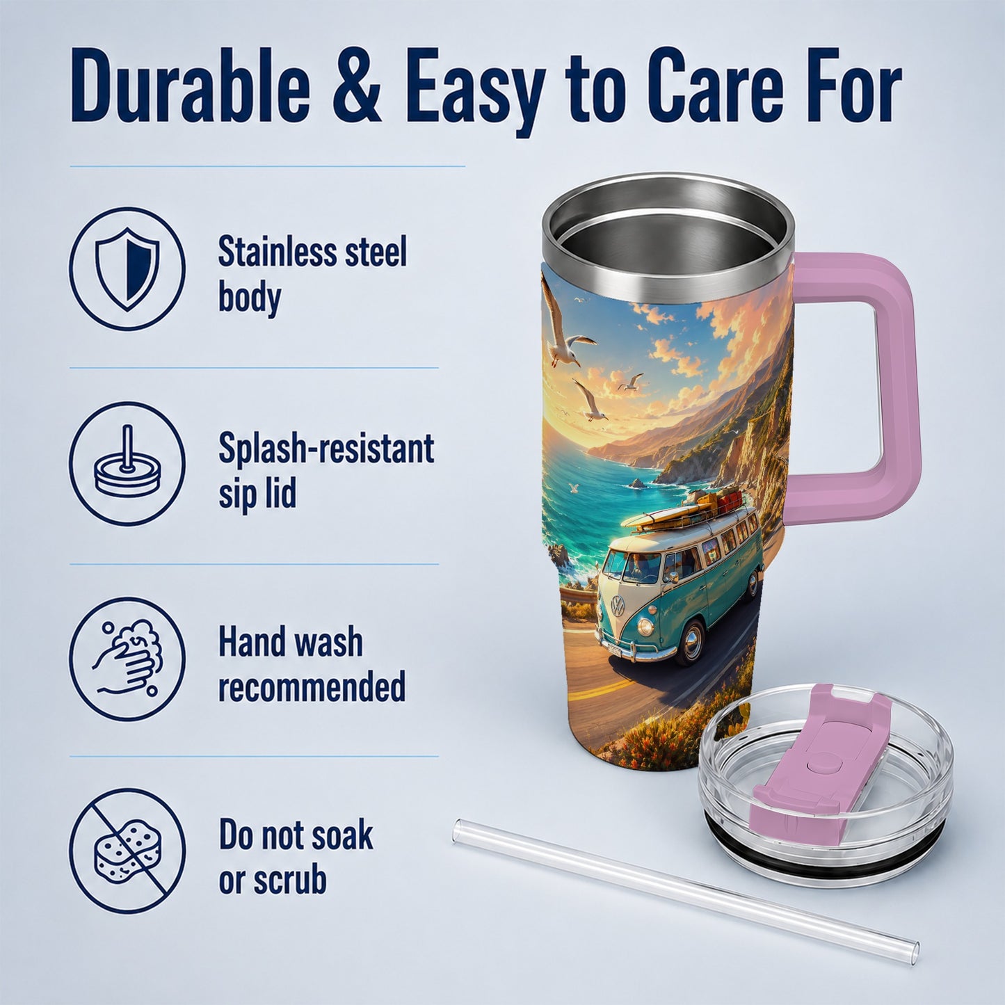 #pl[40oz|Pink] Retro Camper Van 40oz Tumbler with Handle, Coastal Road Adventure