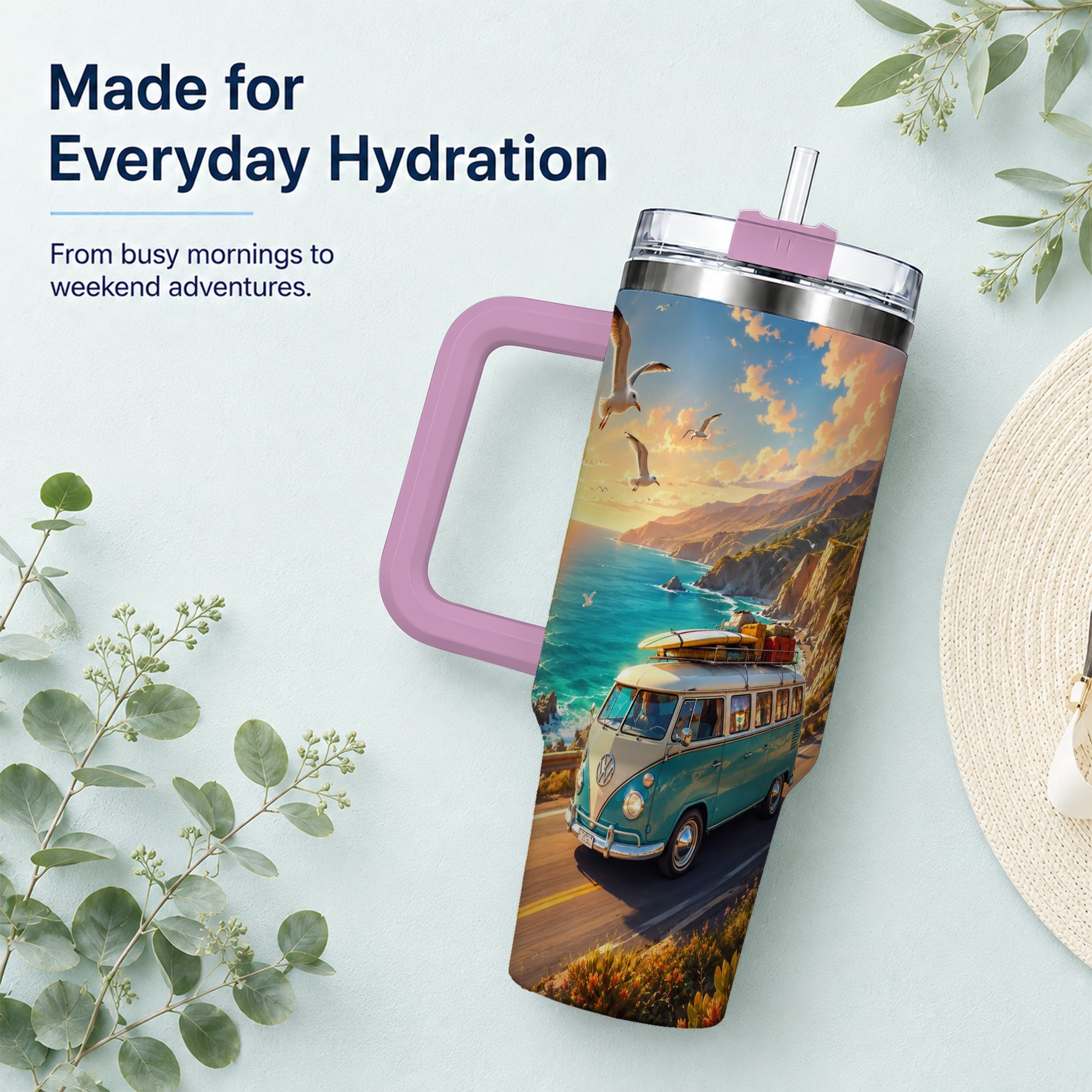 #pl[40oz|Pink] Retro Camper Van 40oz Tumbler with Handle, Coastal Road Adventure