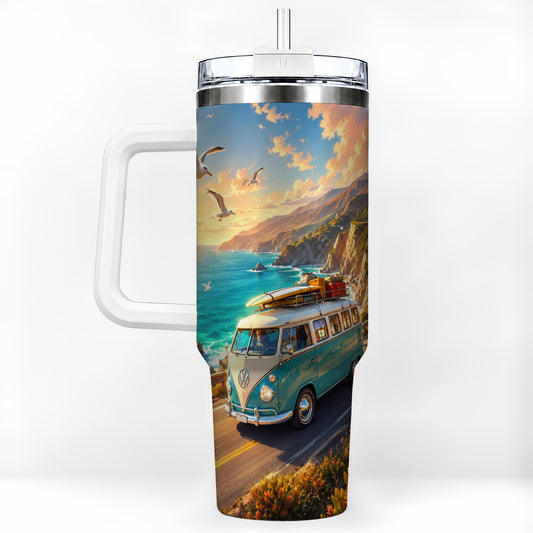 Retro Camper Van 40oz Tumbler with Handle, Coastal Road Adventure