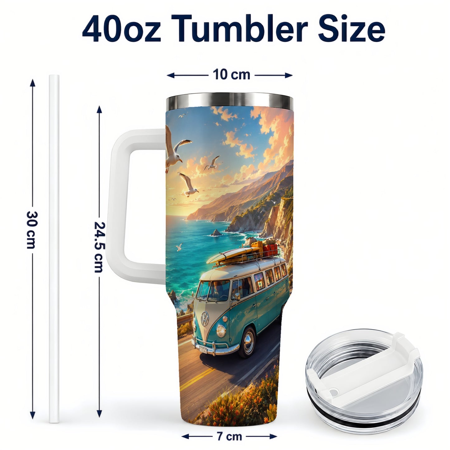 #pl[40oz|White] Retro Camper Van 40oz Tumbler with Handle, Coastal Road Adventure
