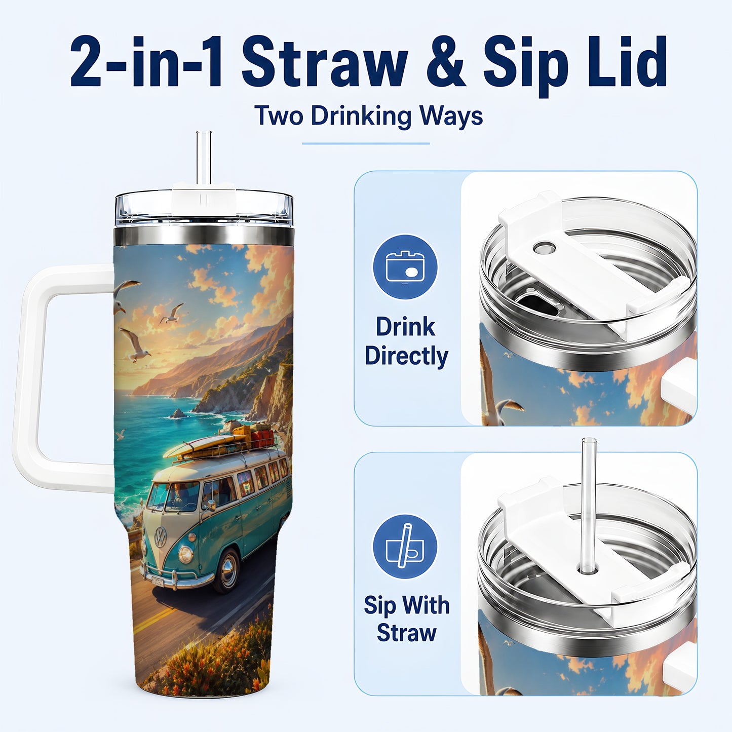 #pl[40oz|White] Retro Camper Van 40oz Tumbler with Handle, Coastal Road Adventure