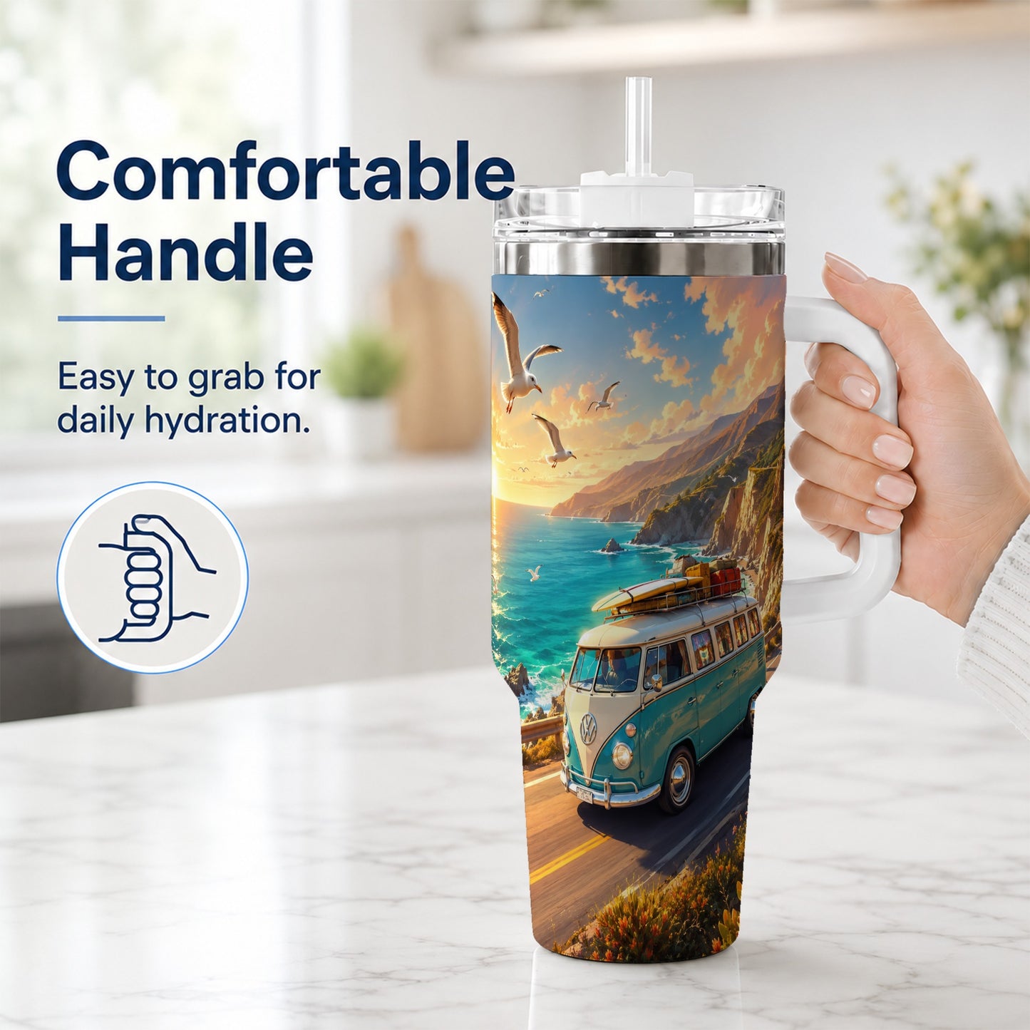 #pl[40oz|White] Retro Camper Van 40oz Tumbler with Handle, Coastal Road Adventure