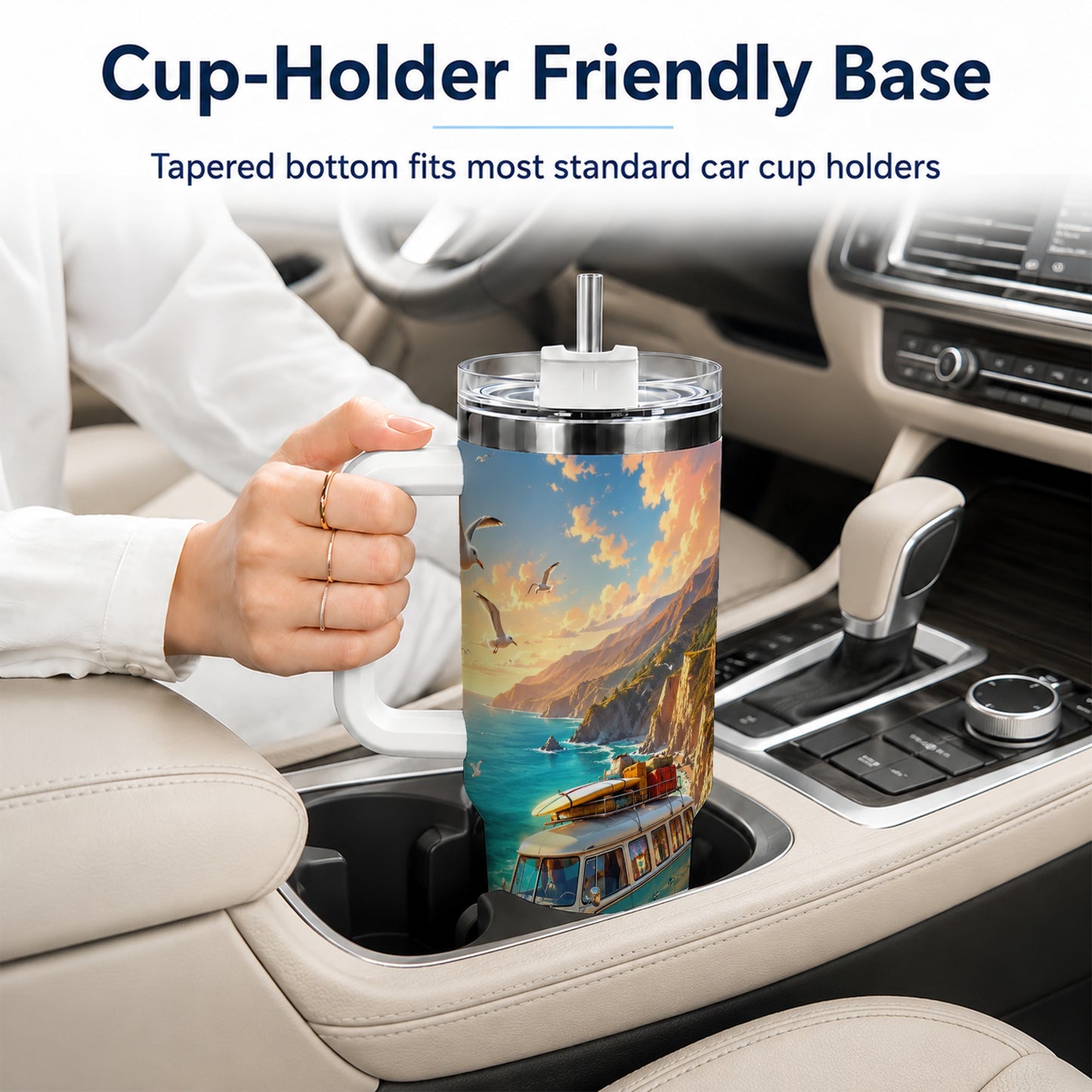 #pl[40oz|White] Retro Camper Van 40oz Tumbler with Handle, Coastal Road Adventure