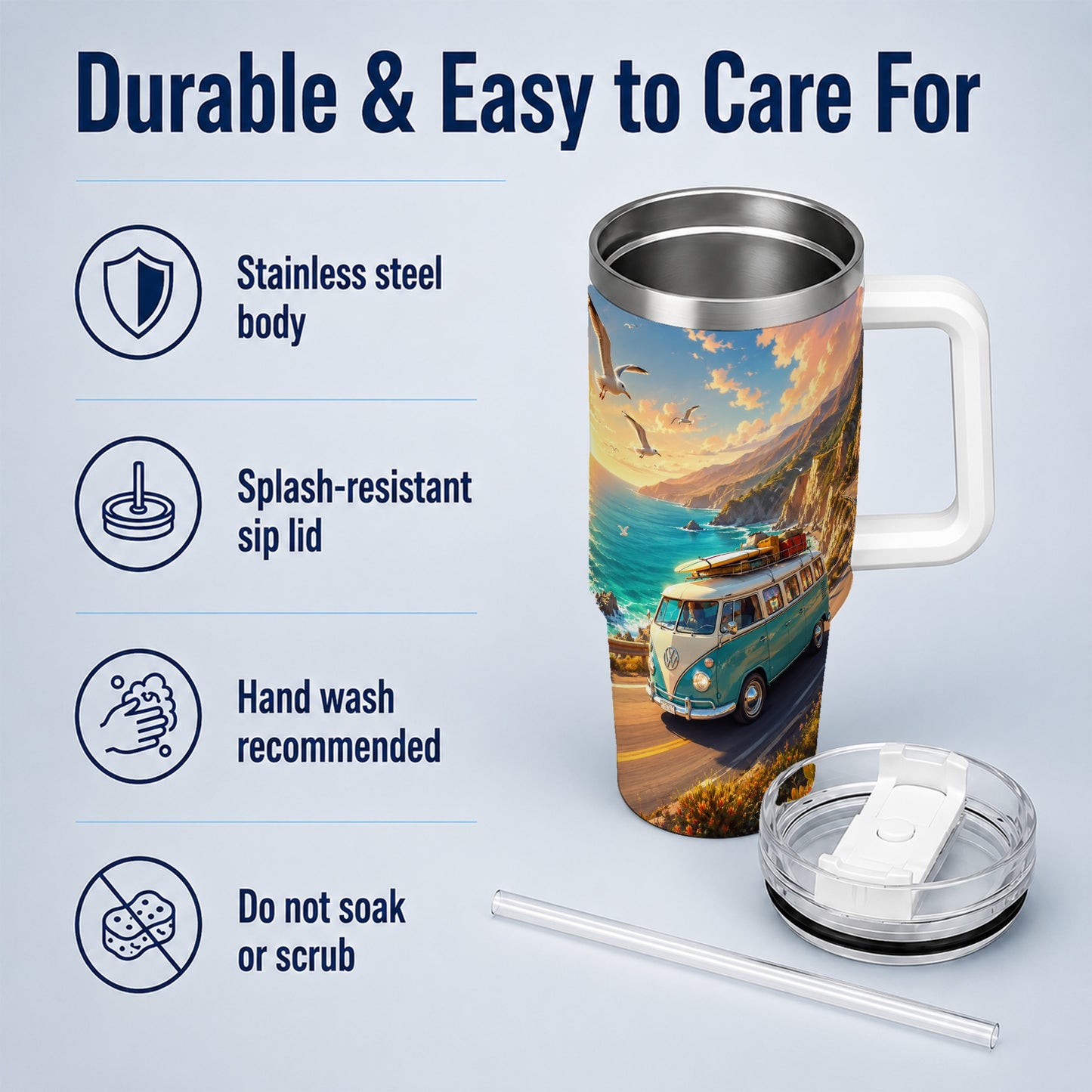 #pl[40oz|White] Retro Camper Van 40oz Tumbler with Handle, Coastal Road Adventure