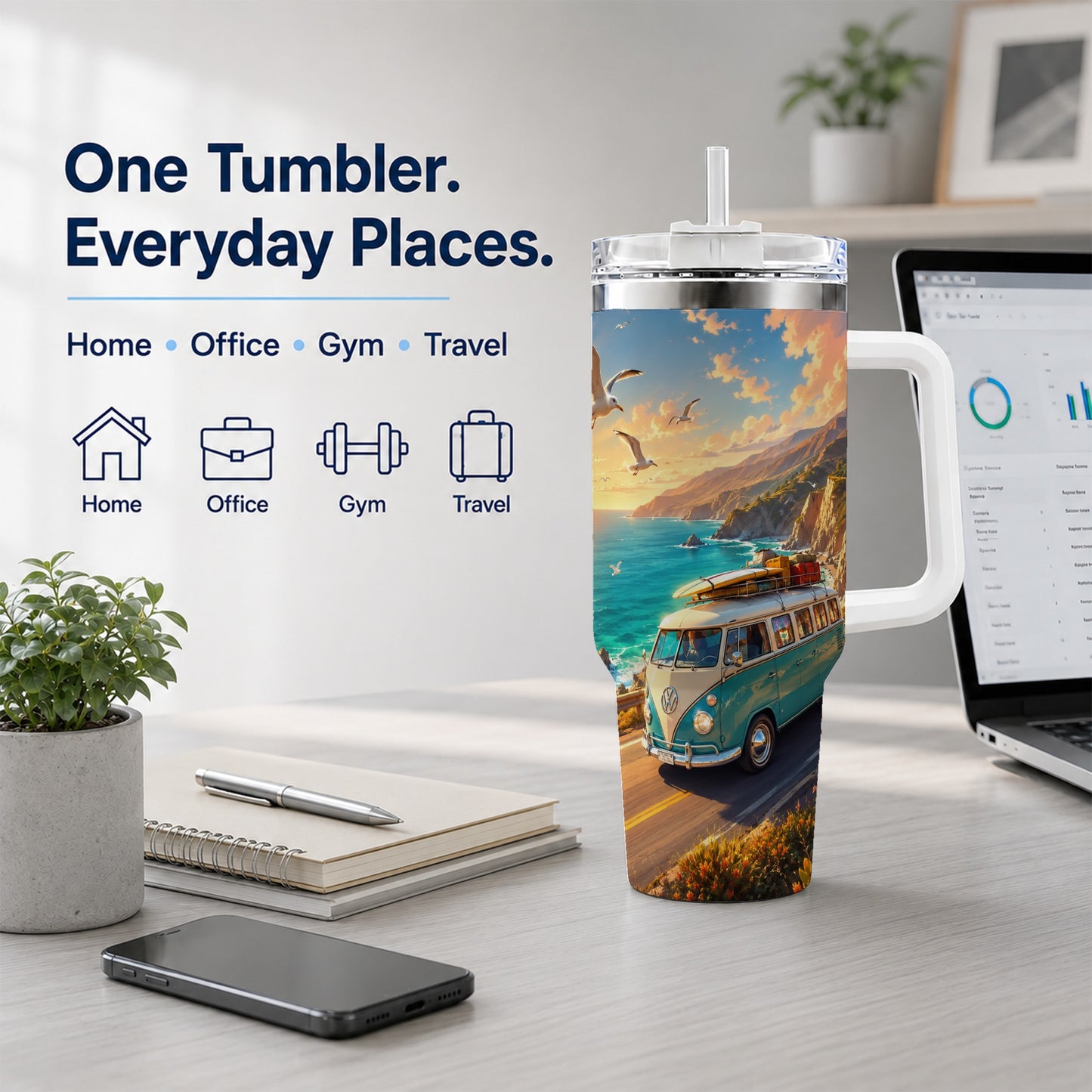 #pl[40oz|White] Retro Camper Van 40oz Tumbler with Handle, Coastal Road Adventure