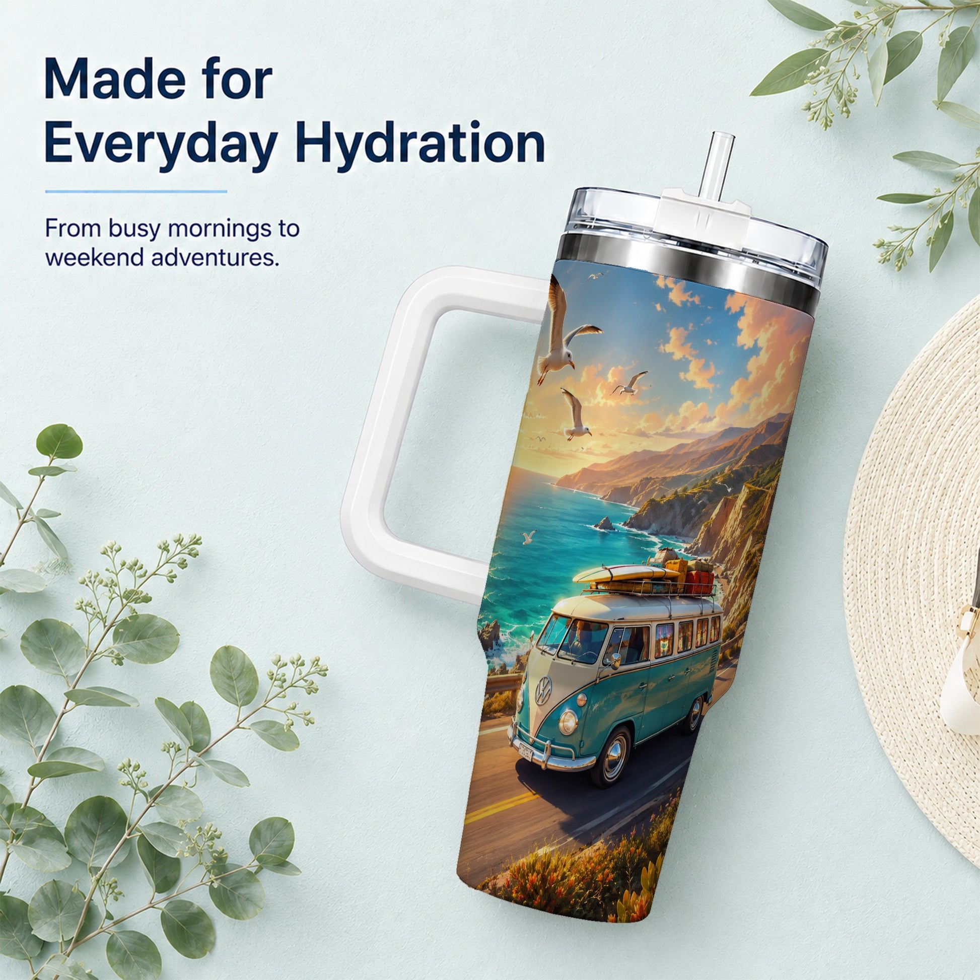 #pl[40oz|White] Retro Camper Van 40oz Tumbler with Handle, Coastal Road Adventure