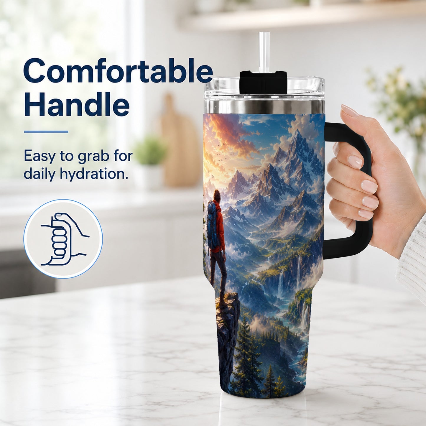 #pl[40oz|Black] Mountain Hiker 40oz Tumbler with Handle, Alpine Valley Adventure