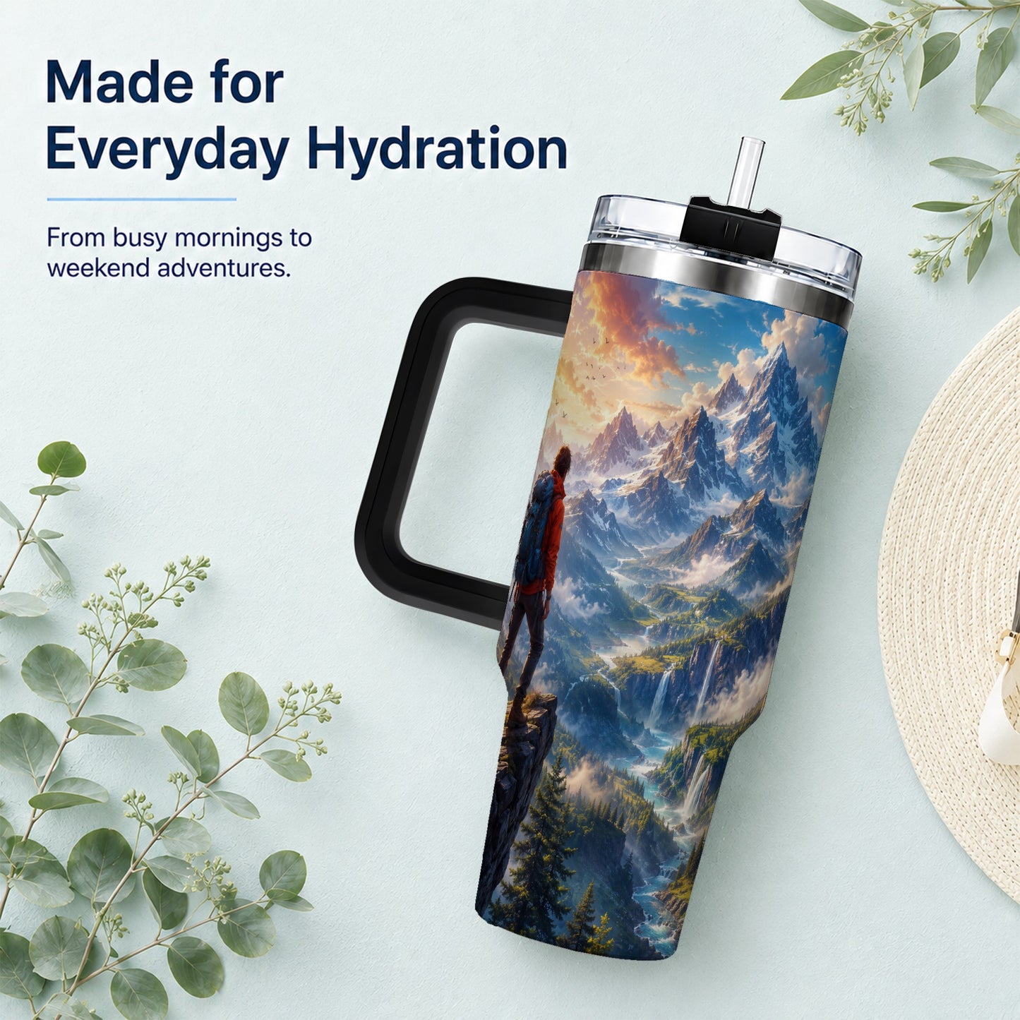 #pl[40oz|Black] Mountain Hiker 40oz Tumbler with Handle, Alpine Valley Adventure