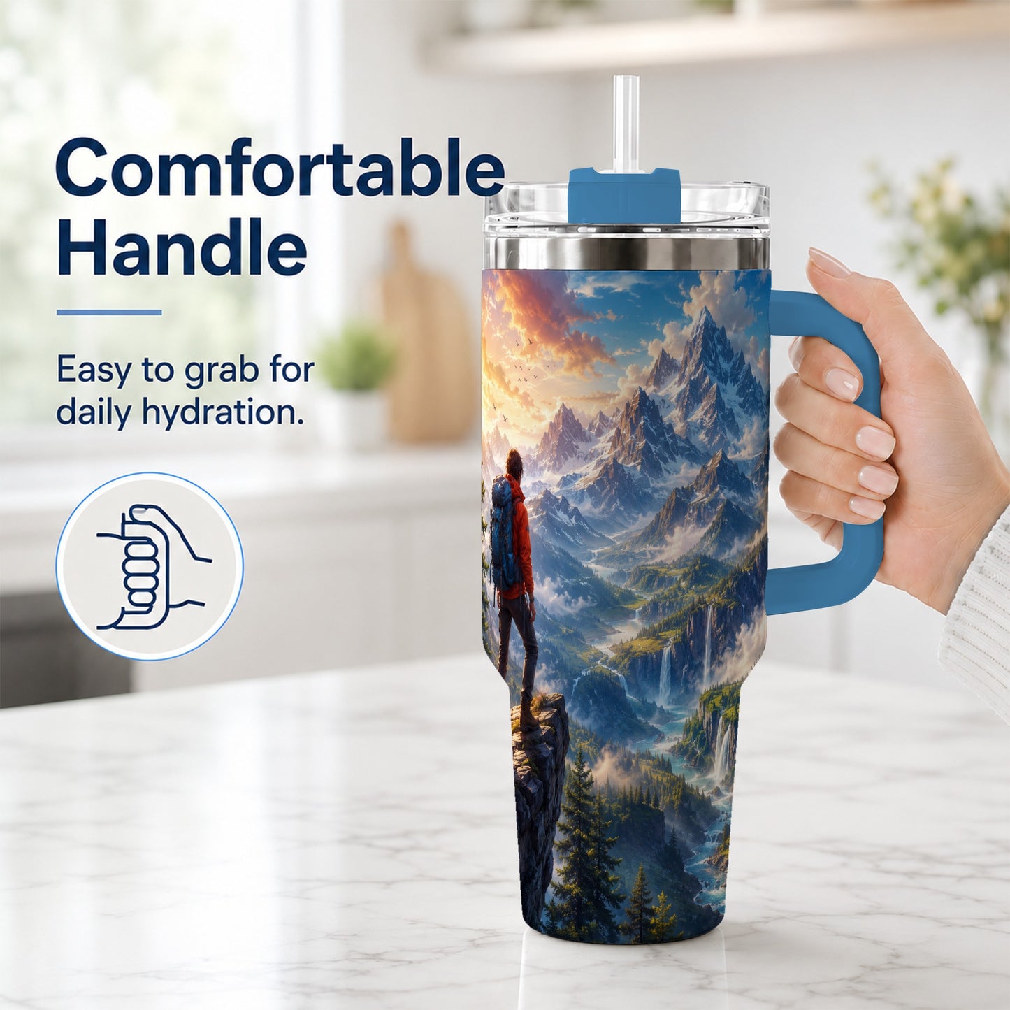 #pl[40oz|Blue] Mountain Hiker 40oz Tumbler with Handle, Alpine Valley Adventure