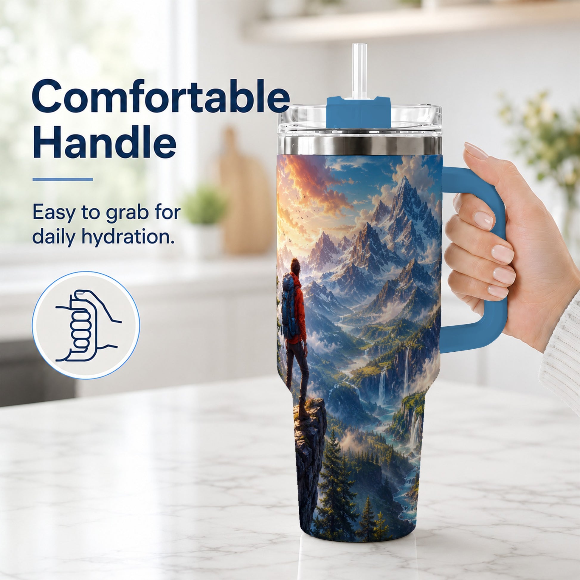 #pl[40oz|Blue] Mountain Hiker 40oz Tumbler with Handle, Alpine Valley Adventure