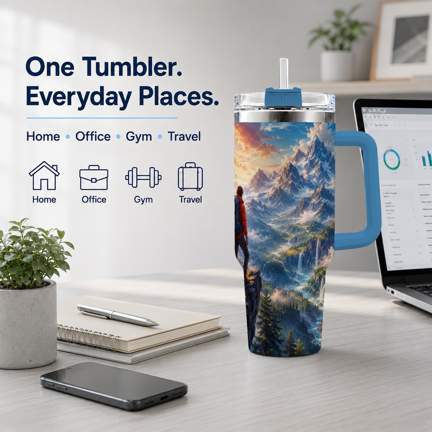 #pl[40oz|Blue] Mountain Hiker 40oz Tumbler with Handle, Alpine Valley Adventure
