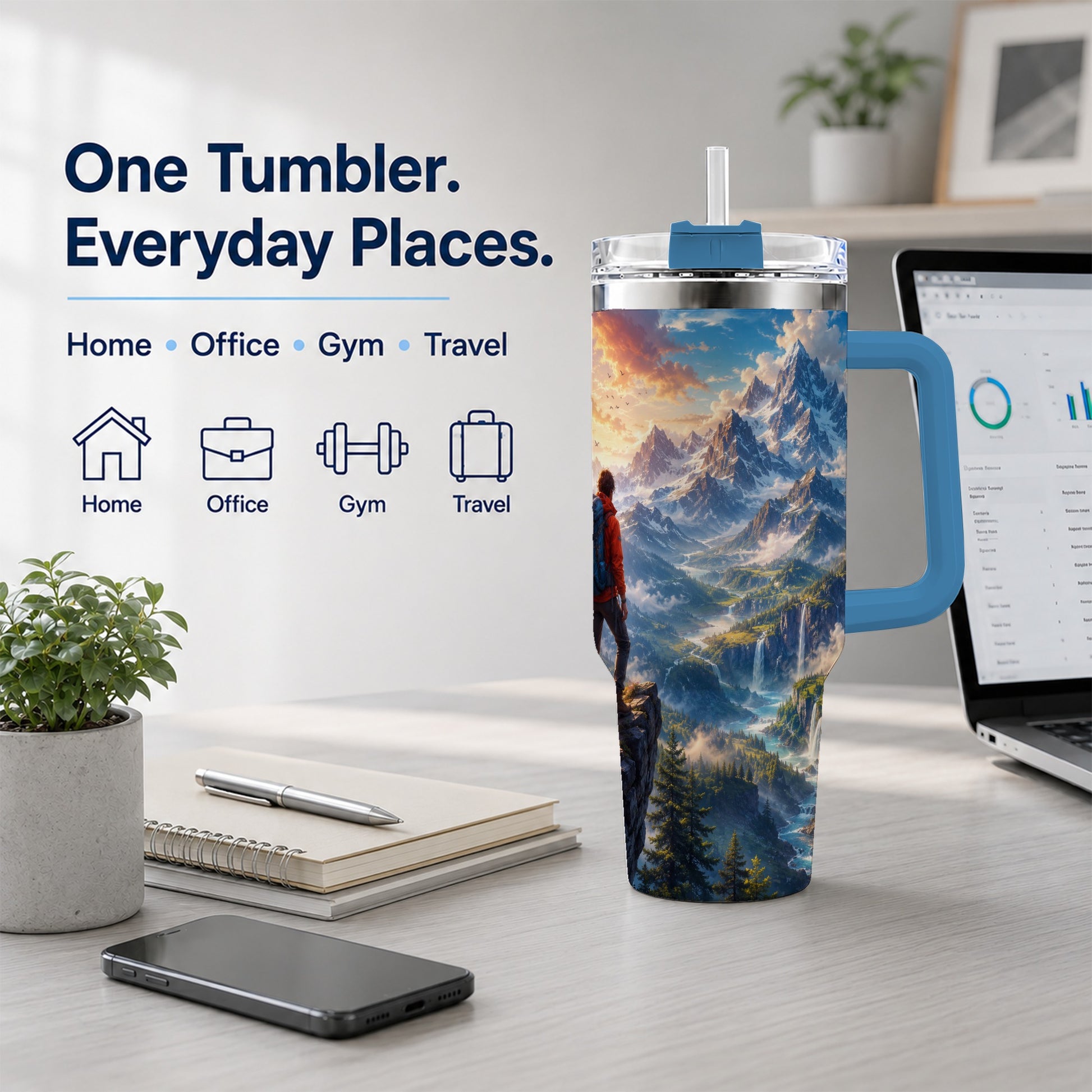 #pl[40oz|Blue] Mountain Hiker 40oz Tumbler with Handle, Alpine Valley Adventure