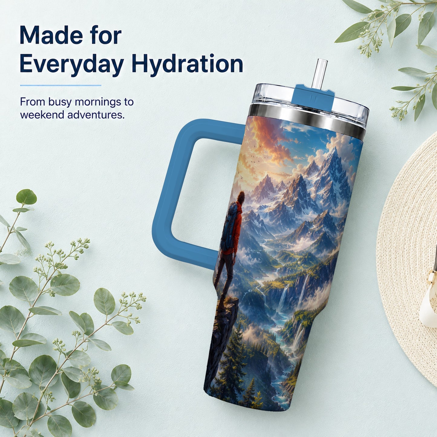 #pl[40oz|Blue] Mountain Hiker 40oz Tumbler with Handle, Alpine Valley Adventure
