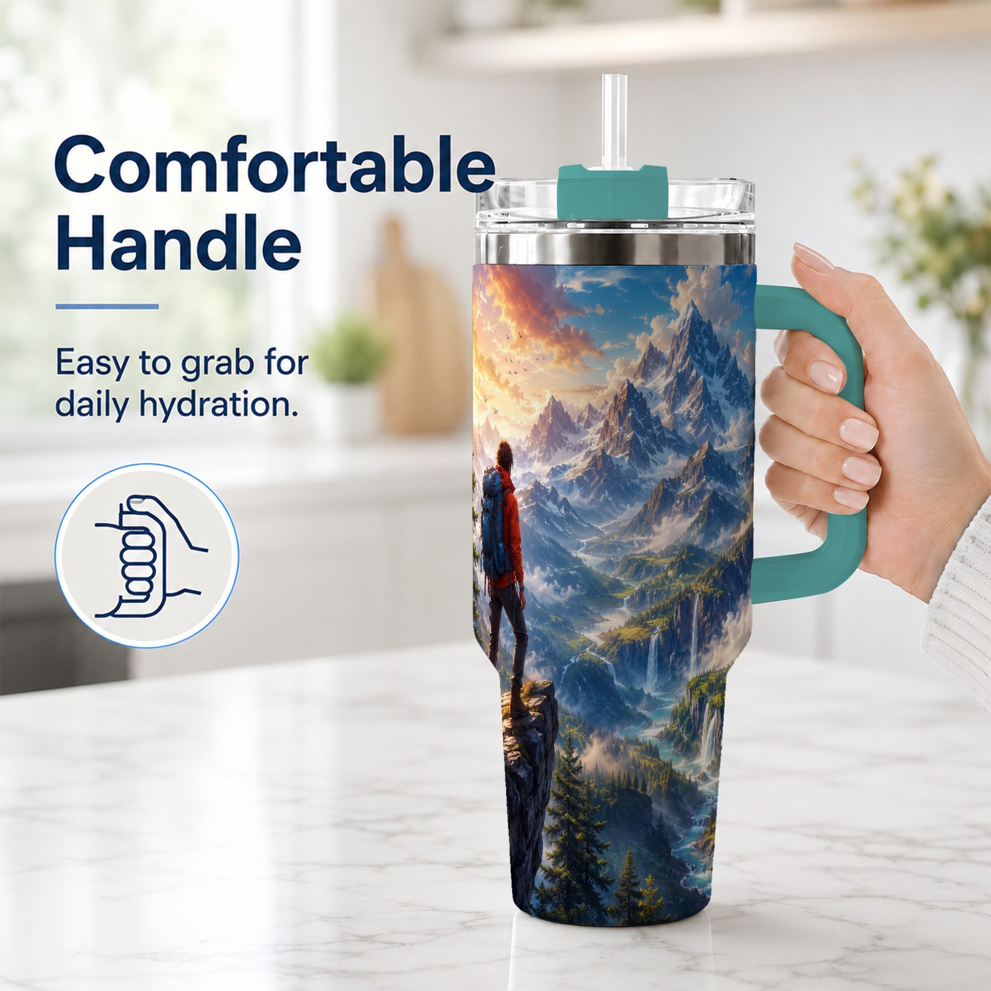 #pl[40oz|Green] Mountain Hiker 40oz Tumbler with Handle, Alpine Valley Adventure