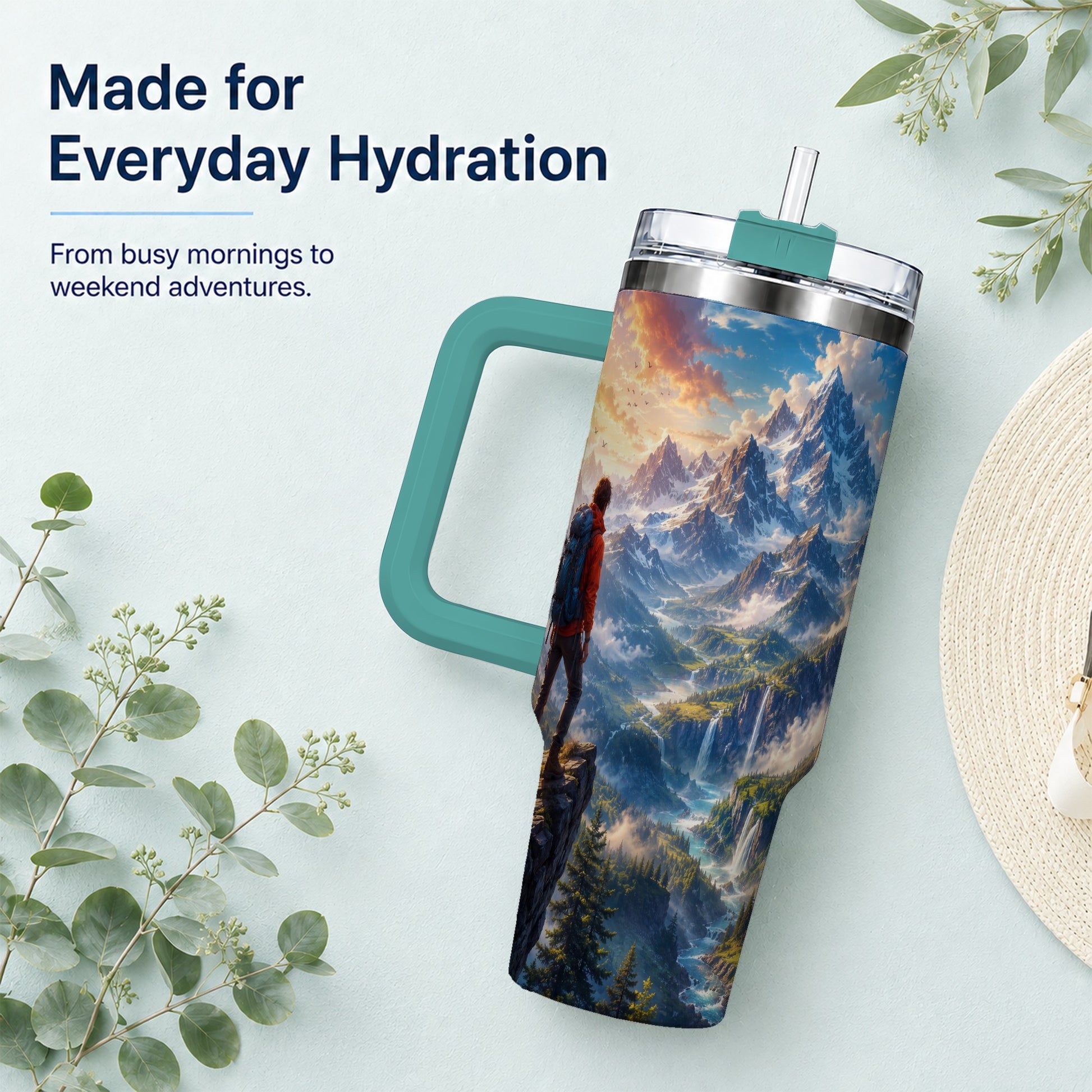 #pl[40oz|Green] Mountain Hiker 40oz Tumbler with Handle, Alpine Valley Adventure
