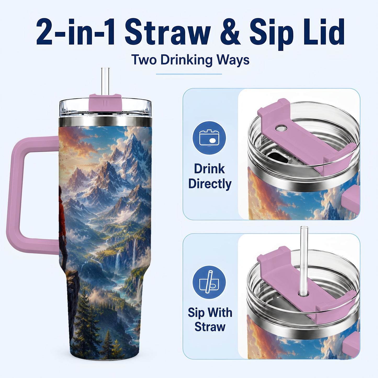 #pl[40oz|Pink] Mountain Hiker 40oz Tumbler with Handle, Alpine Valley Adventure