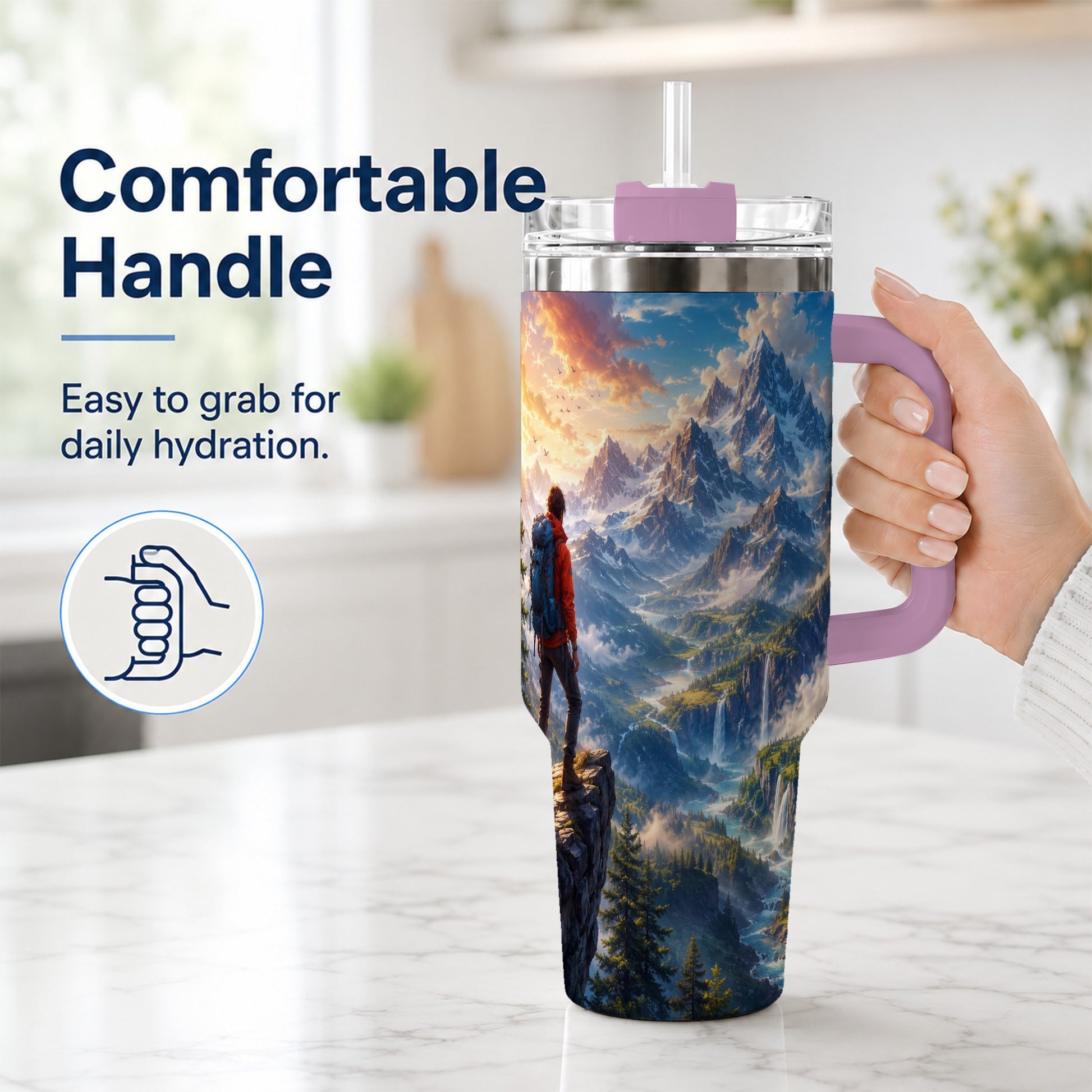 #pl[40oz|Pink] Mountain Hiker 40oz Tumbler with Handle, Alpine Valley Adventure