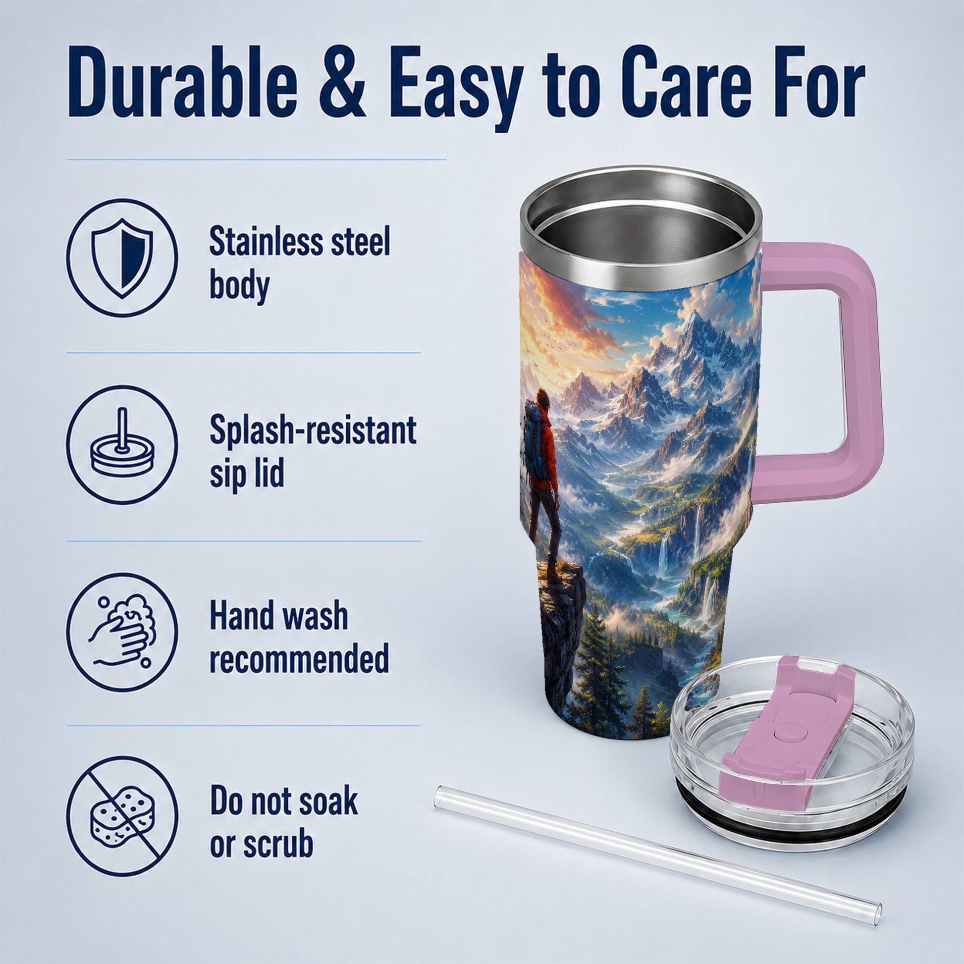 #pl[40oz|Pink] Mountain Hiker 40oz Tumbler with Handle, Alpine Valley Adventure