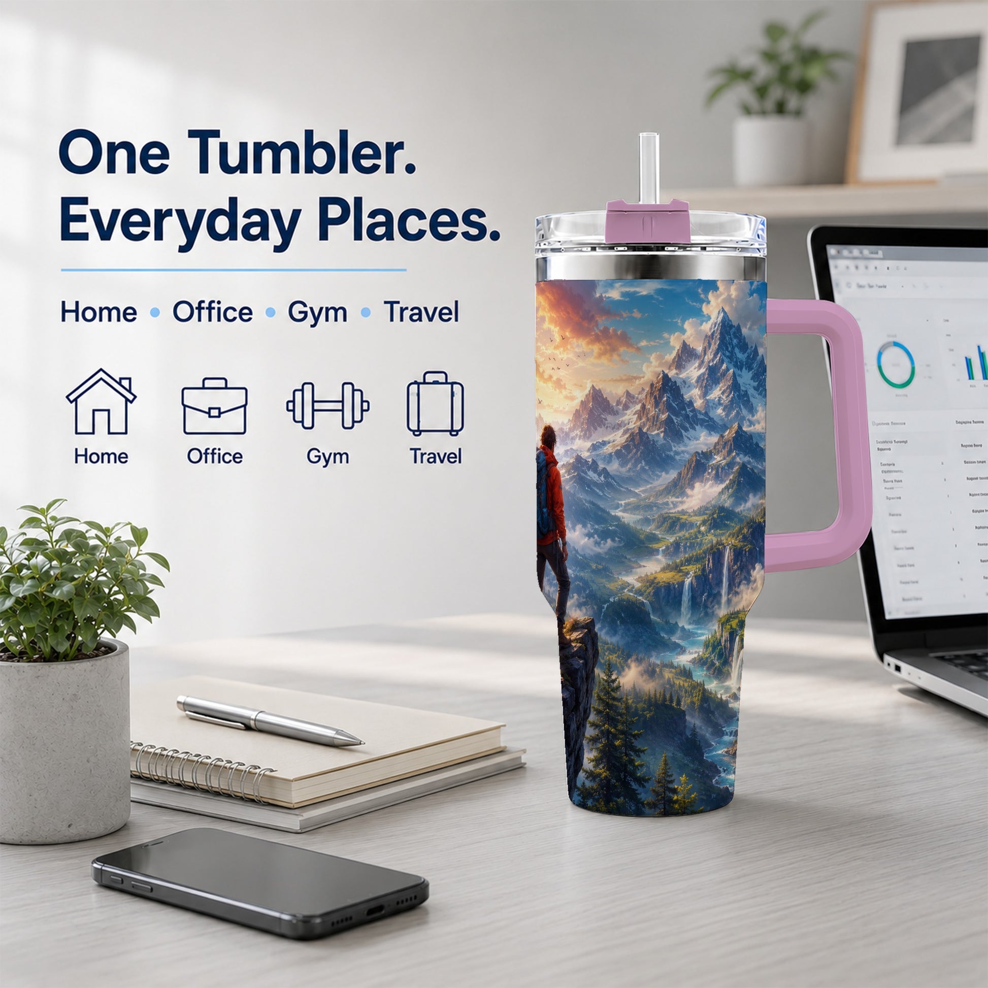 #pl[40oz|Pink] Mountain Hiker 40oz Tumbler with Handle, Alpine Valley Adventure