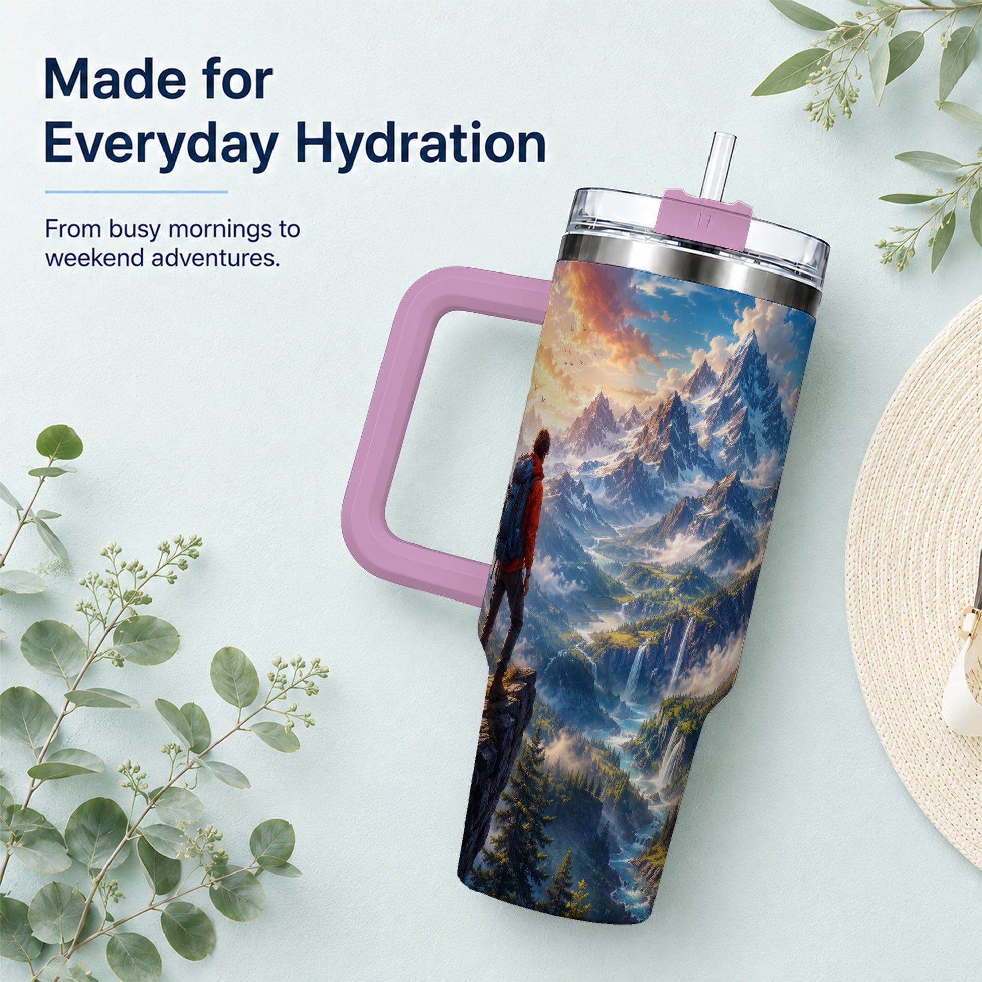 #pl[40oz|Pink] Mountain Hiker 40oz Tumbler with Handle, Alpine Valley Adventure
