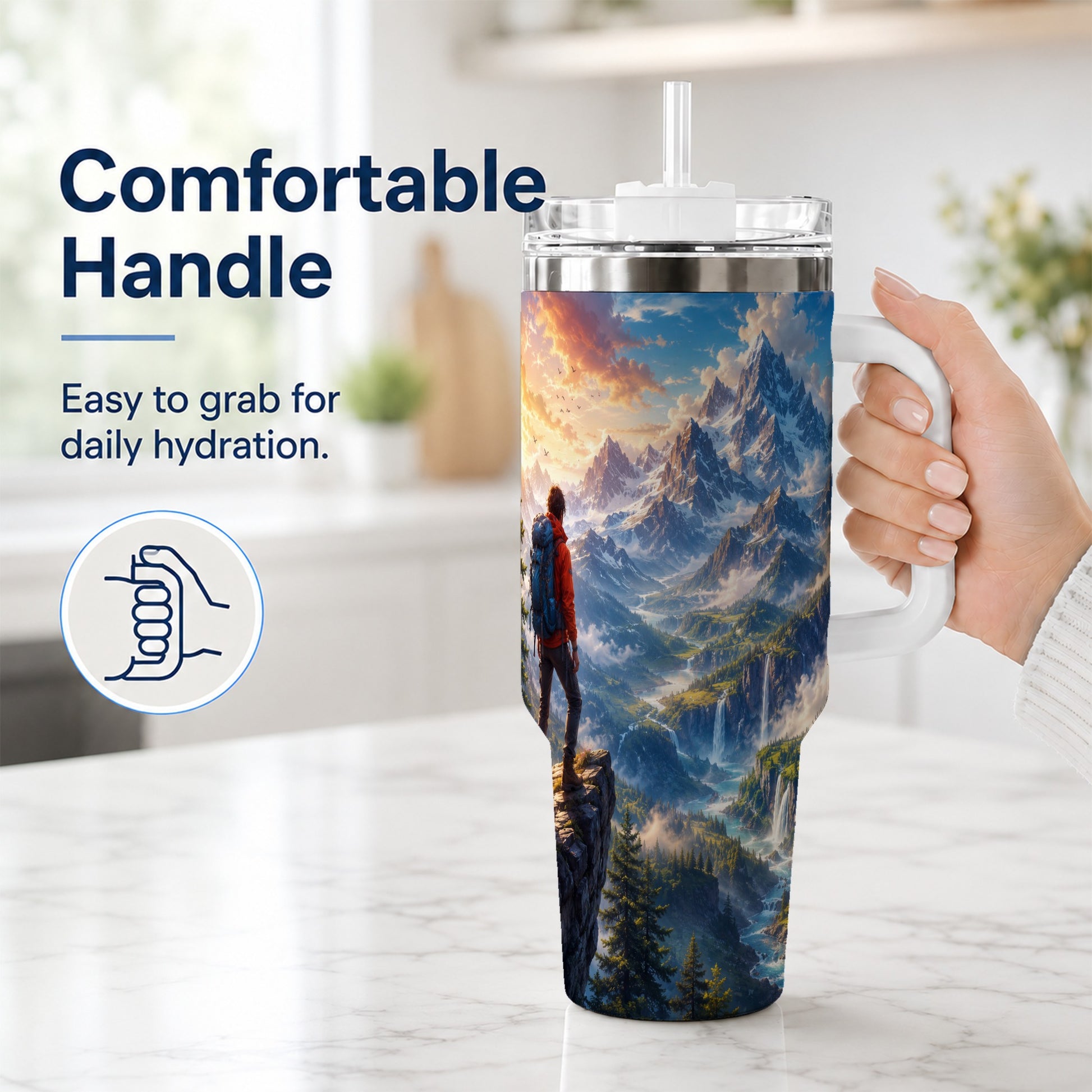 #pl[40oz|White] Mountain Hiker 40oz Tumbler with Handle, Alpine Valley Adventure