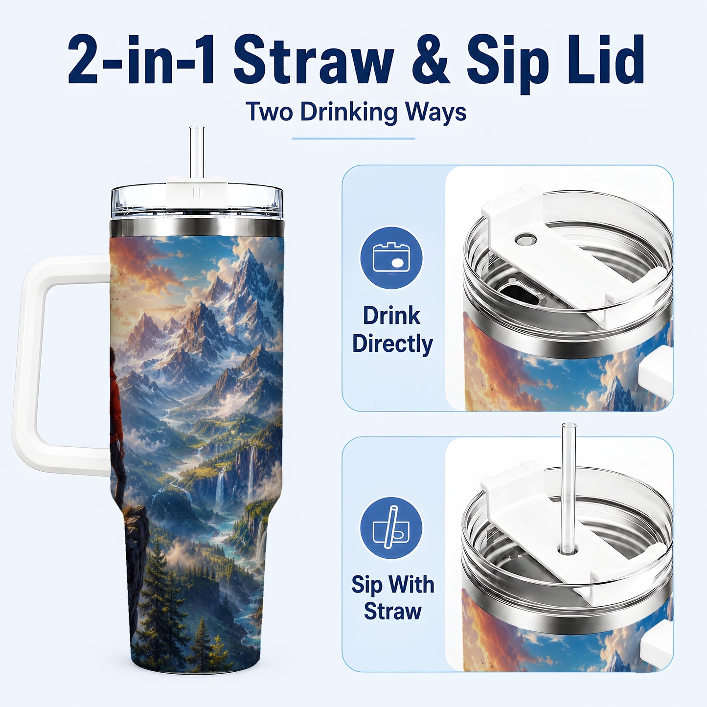 #pl[40oz|White] Mountain Hiker 40oz Tumbler with Handle, Alpine Valley Adventure
