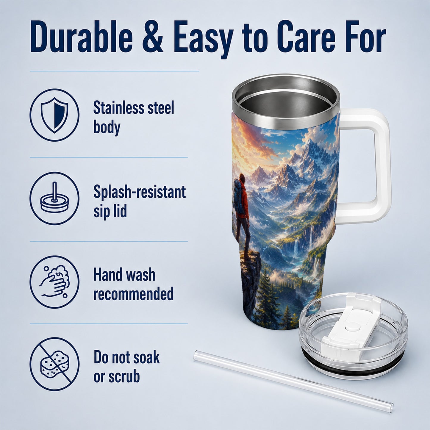 #pl[40oz|White] Mountain Hiker 40oz Tumbler with Handle, Alpine Valley Adventure
