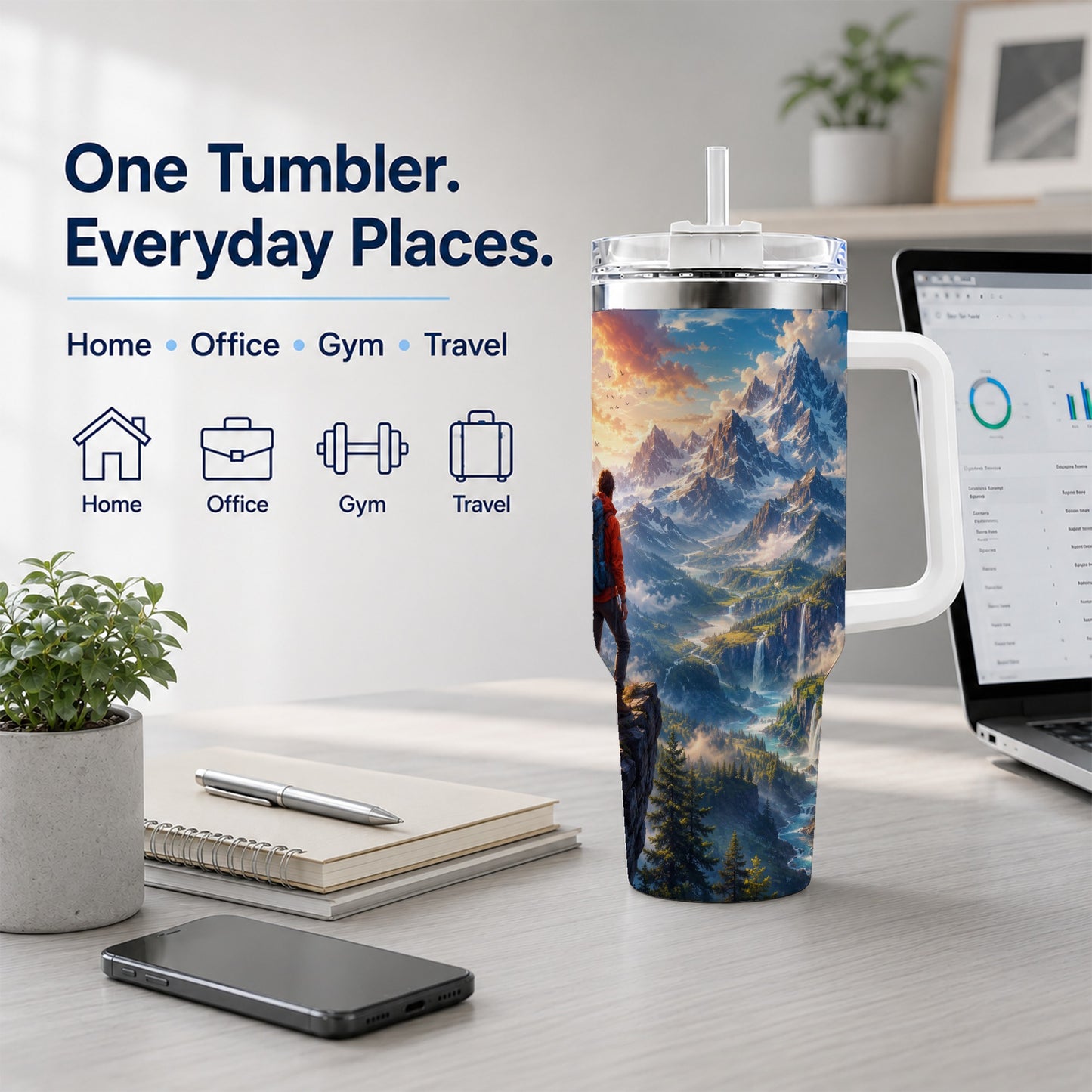 #pl[40oz|White] Mountain Hiker 40oz Tumbler with Handle, Alpine Valley Adventure