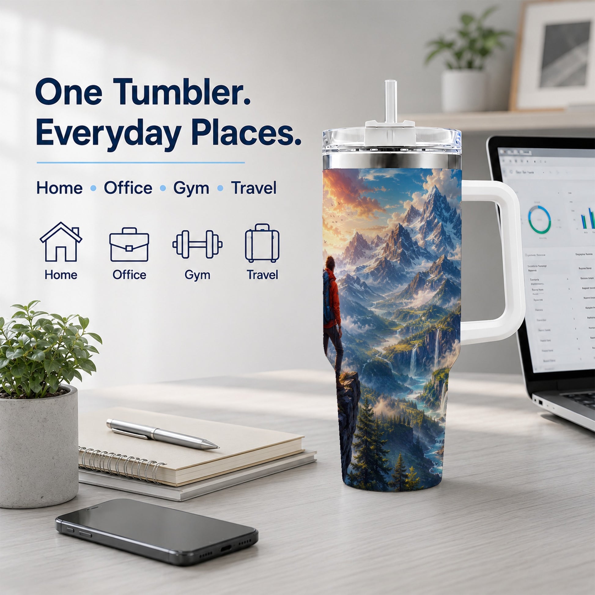 #pl[40oz|White] Mountain Hiker 40oz Tumbler with Handle, Alpine Valley Adventure
