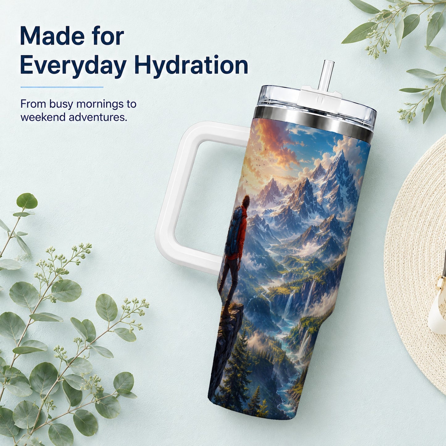 #pl[40oz|White] Mountain Hiker 40oz Tumbler with Handle, Alpine Valley Adventure