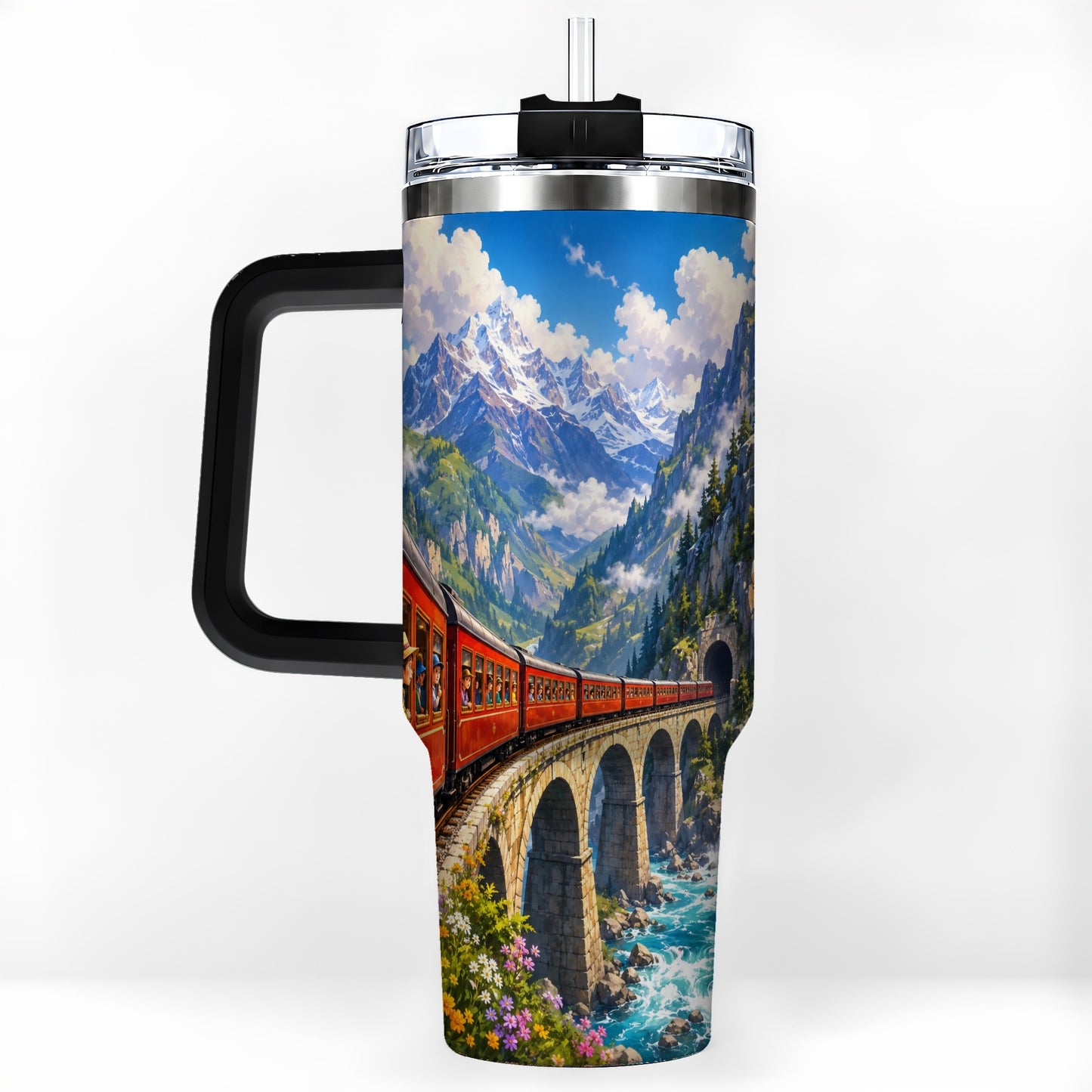 #pl[40oz|Black] Mountain Train 40oz Tumbler with Handle, Alpine Railway Adventure