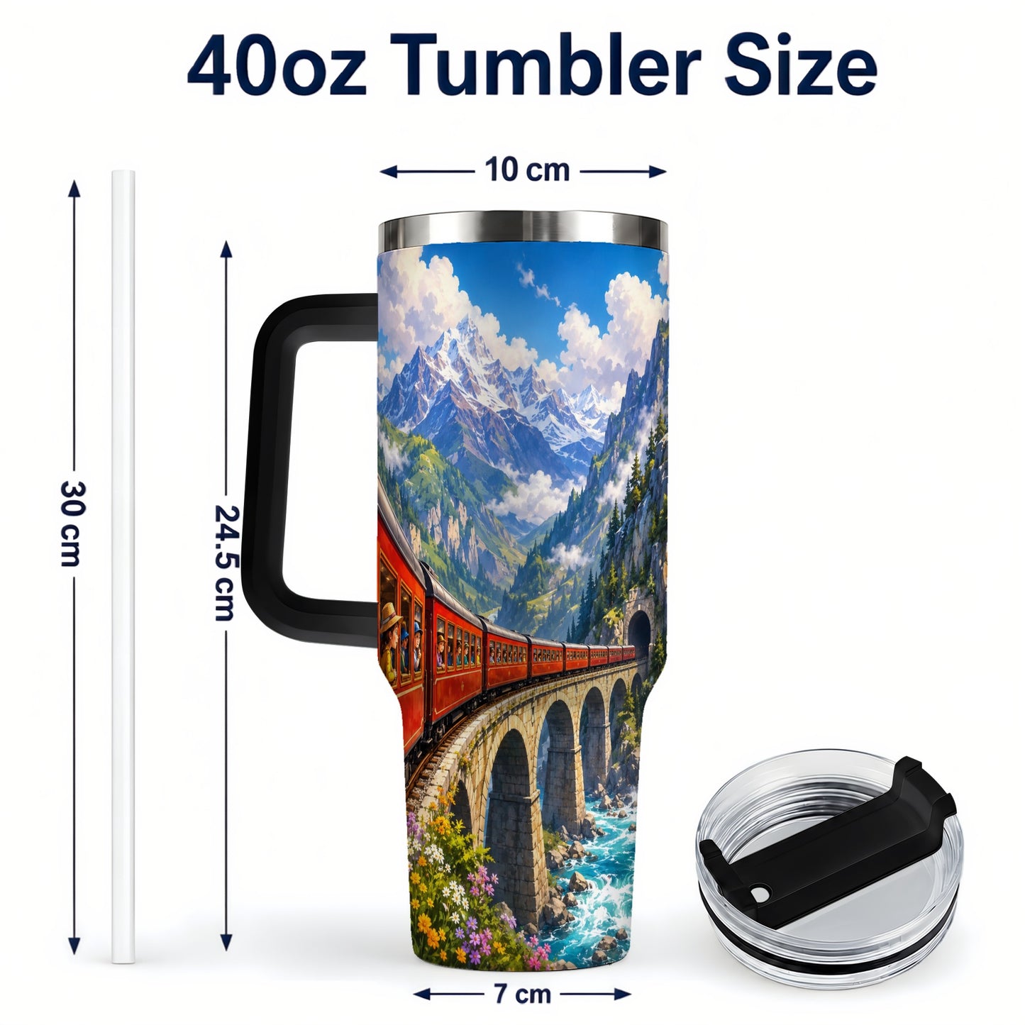 #pl[40oz|Black] Mountain Train 40oz Tumbler with Handle, Alpine Railway Adventure