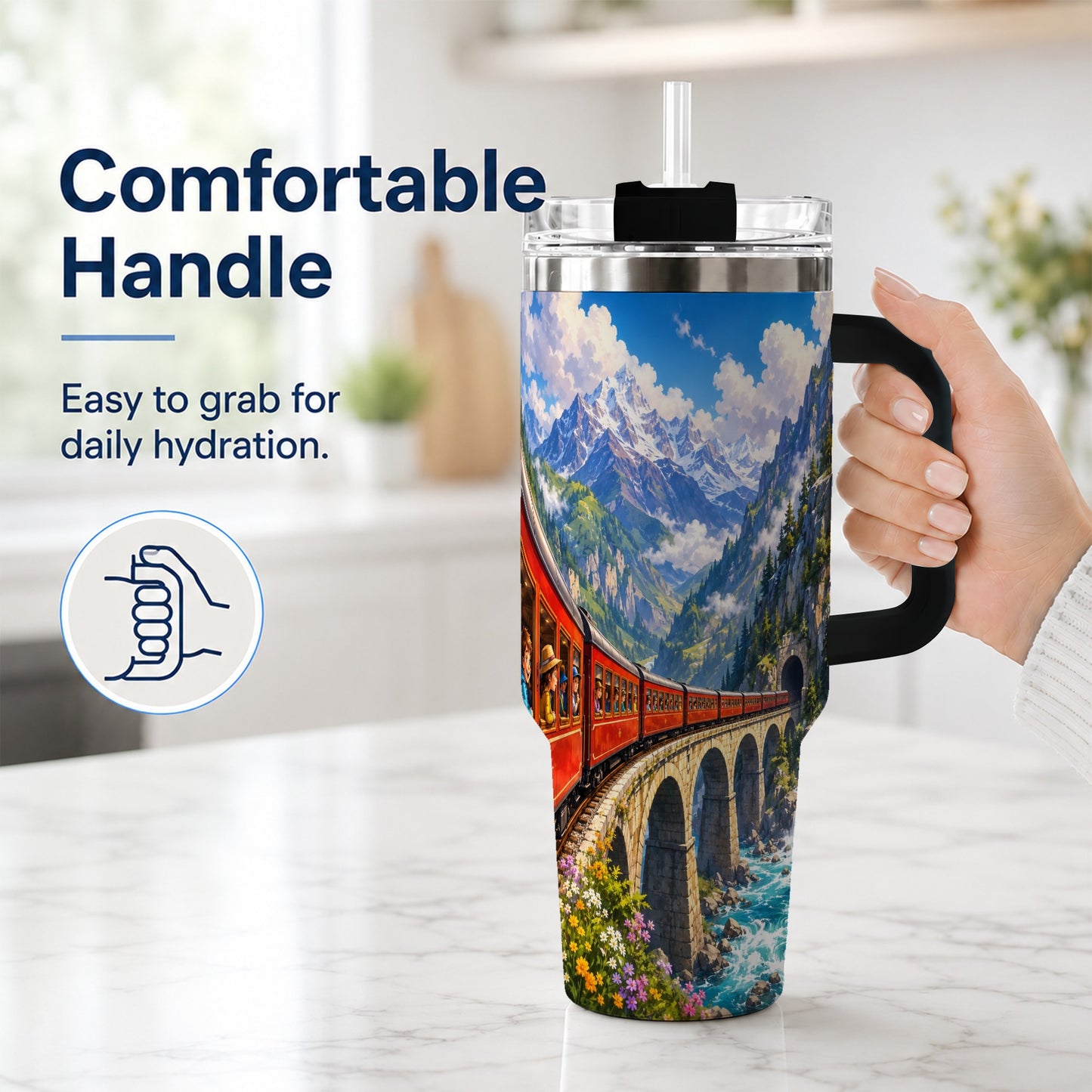 #pl[40oz|Black] Mountain Train 40oz Tumbler with Handle, Alpine Railway Adventure