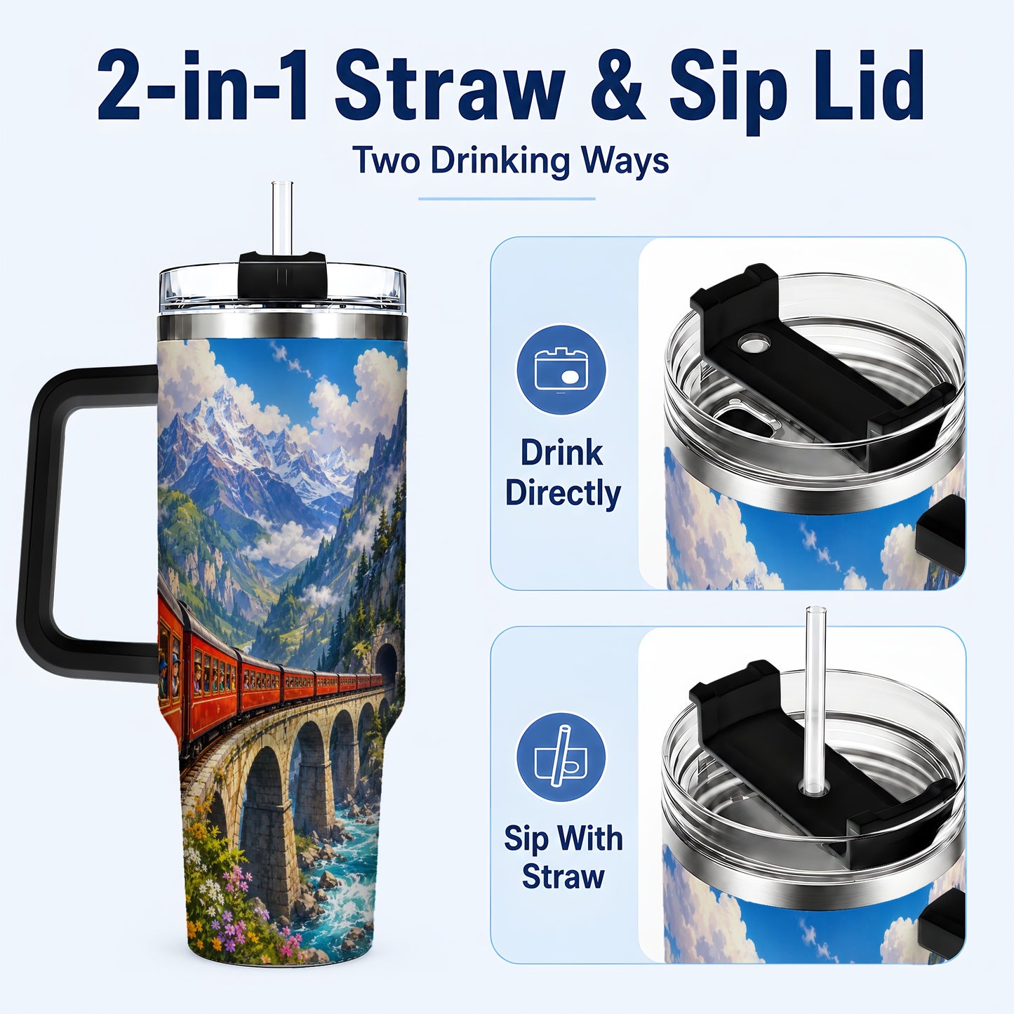 #pl[40oz|Black] Mountain Train 40oz Tumbler with Handle, Alpine Railway Adventure