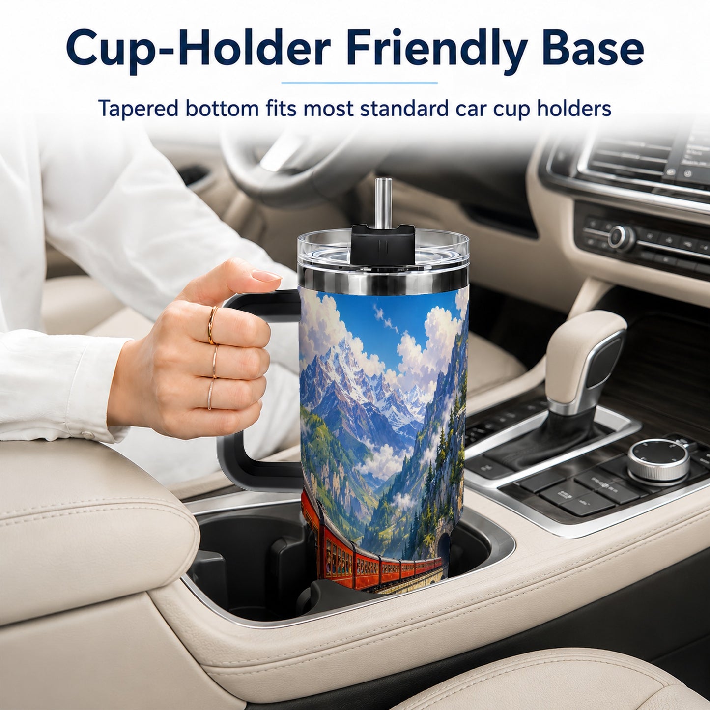 #pl[40oz|Black] Mountain Train 40oz Tumbler with Handle, Alpine Railway Adventure
